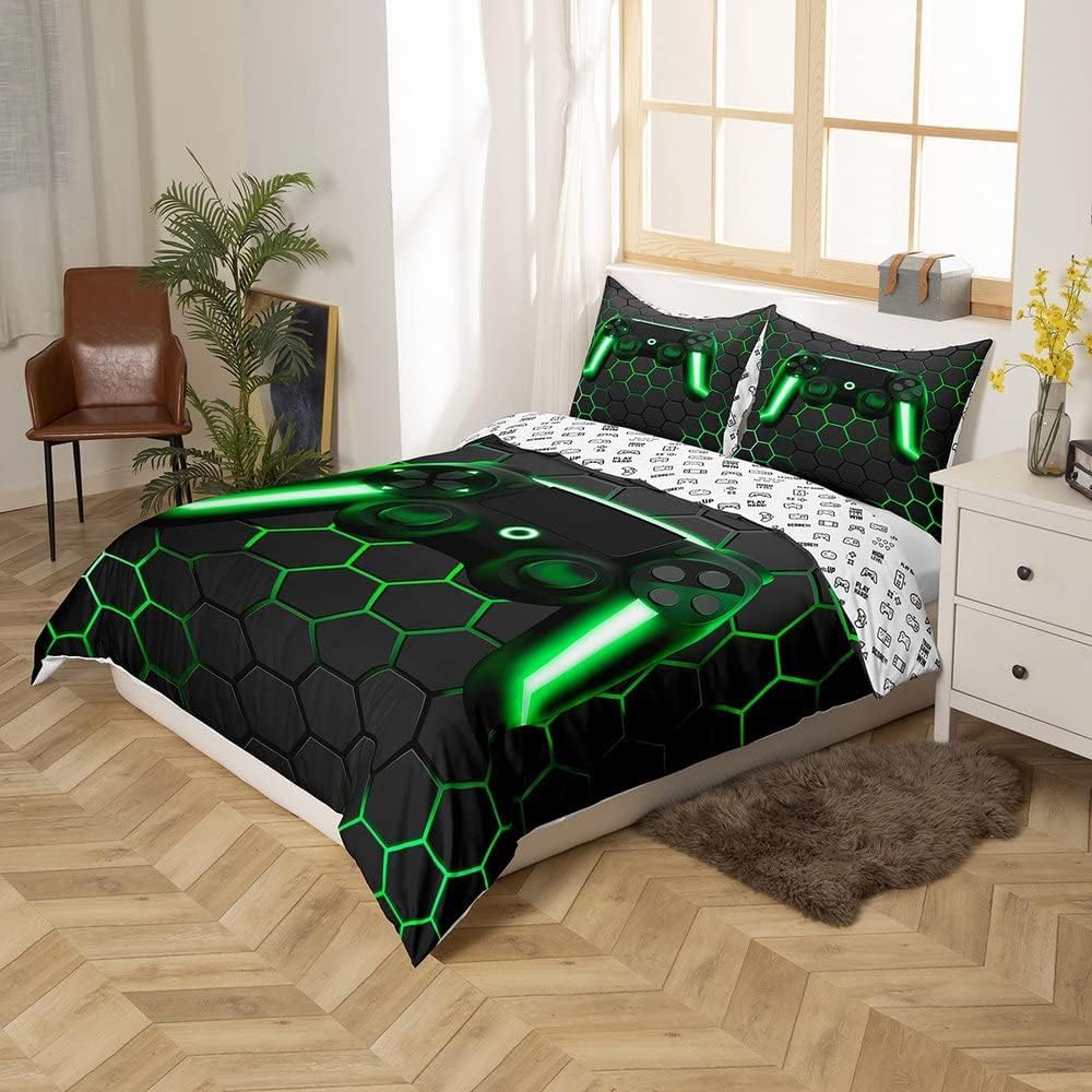 Homewish Juego de ropa de cama geométrica con diseño de panal de abeja, juego de ropa de cama para niños, adolescentes, jóvenes, colmenas, hexágonos, 2 unidades, 155 x 220 cm, gris y verde
