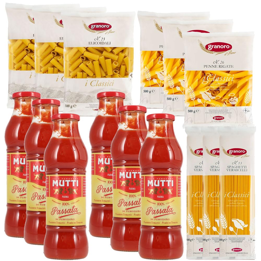 Box SCORTA 3 Pasta Vermicelli Spaghetti + 3 Pasta Penne rigate + 3 Elicoidali Granoro Gr 500 + 6 Passata di pomodoro Mutti gr 700