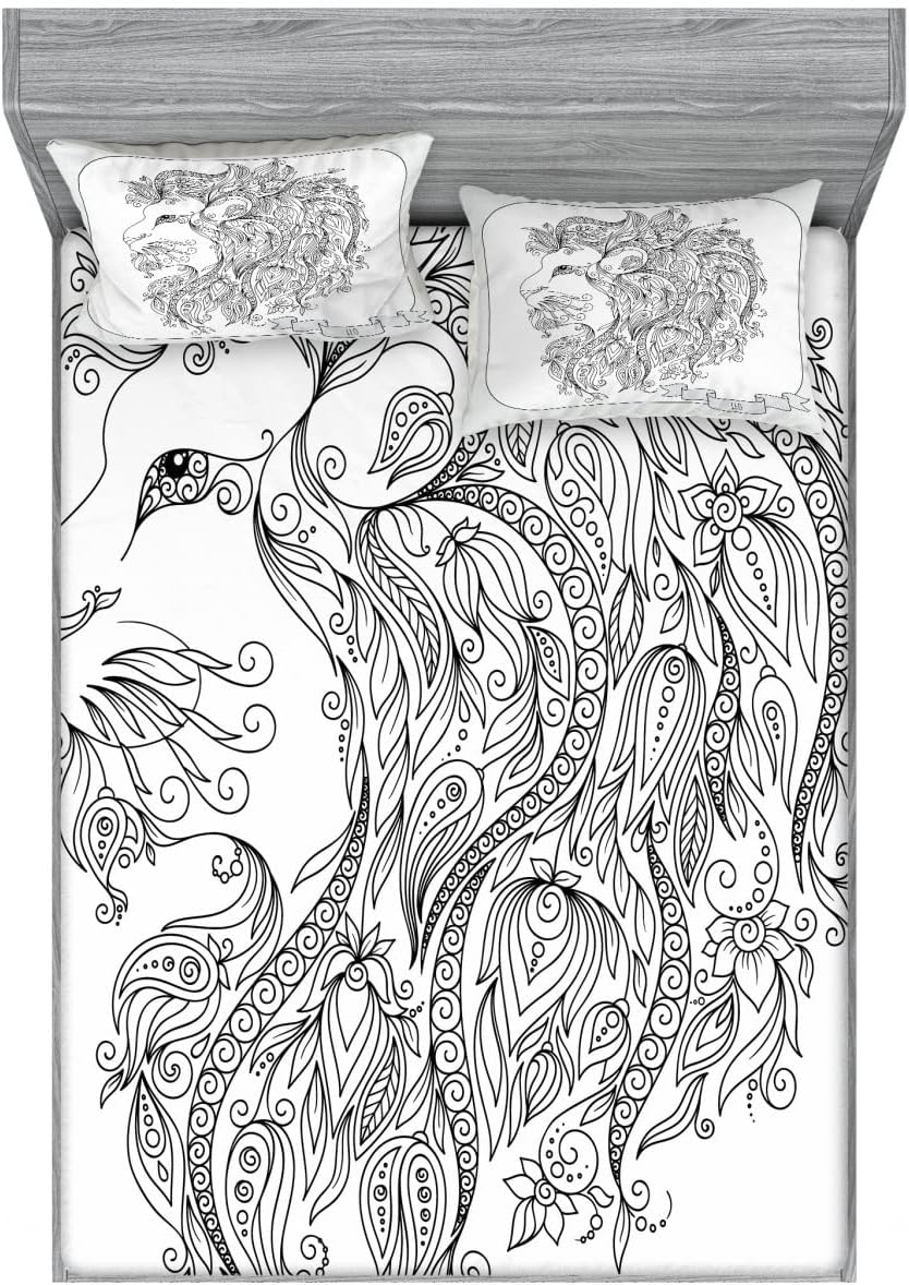 Ambesonne Zodiac Fitted Sheet & Pillow Sham Set, Visage of Zodiac Sign Leo with Flowers on Hair The King of Forest Horoscope Theme, Decorative Printed 3 Piece Bedding Decor Set, Queen, Black White