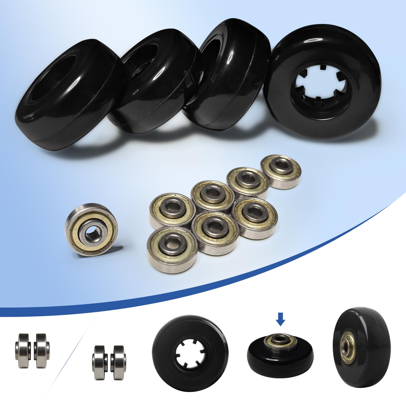 Luggage Wheels Replacement Kit 4PC Dia 1.8in/45mm Thick 0.71in/18mm PU Wheels with ABEC-7 Carbon Steel Ball Bearing 3 Size Axles Full Set Repair Tool for Suitcase Travel Box Inline Skate Hand Trolley