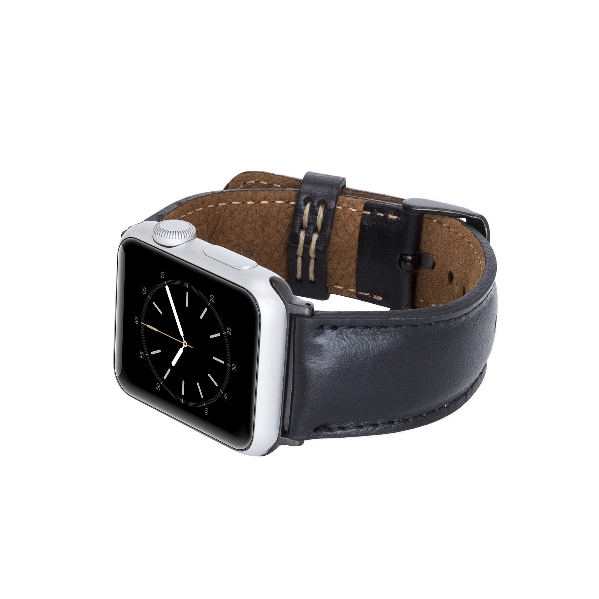 Venito Tuscany Bracelet de montre en cuir fait main compatible avec les montres Apple iWatch Série 5 ainsi que les séries 1, 2, 3, 4 42-44mm Noir rustique avec connecteur et fermoir noirs.
