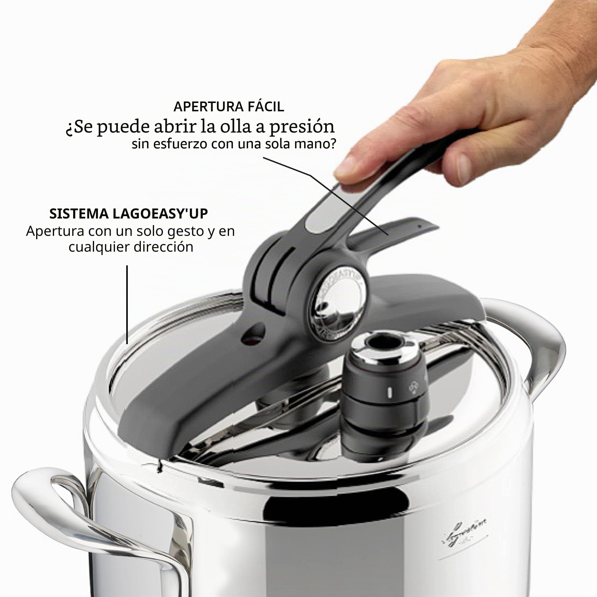 Lagostina Irradial Control Lagoeasy'UP Olla a Presión 5 L en Acero Inoxidable 18/10 Ø 22 cm, Olla Inducción y Gas, Apertura Fácil de la Tapa, Base de Triple Capa Irradial Plus