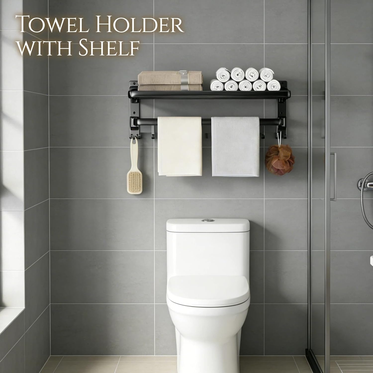Towel Rack Wall Mounted for Bathroom Lavatory Hotel, 24 Inch Foldable Towel Shelf with Towel Holder Bar and 7 Hooks, Black Matte Towel Storage Organizer, Drill-in or Adhesive Installation