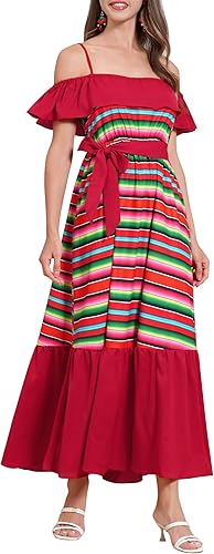 Mexican Dress for Women Mexican Traditional Folk Off-Shoulder Belted Ruffle Dres