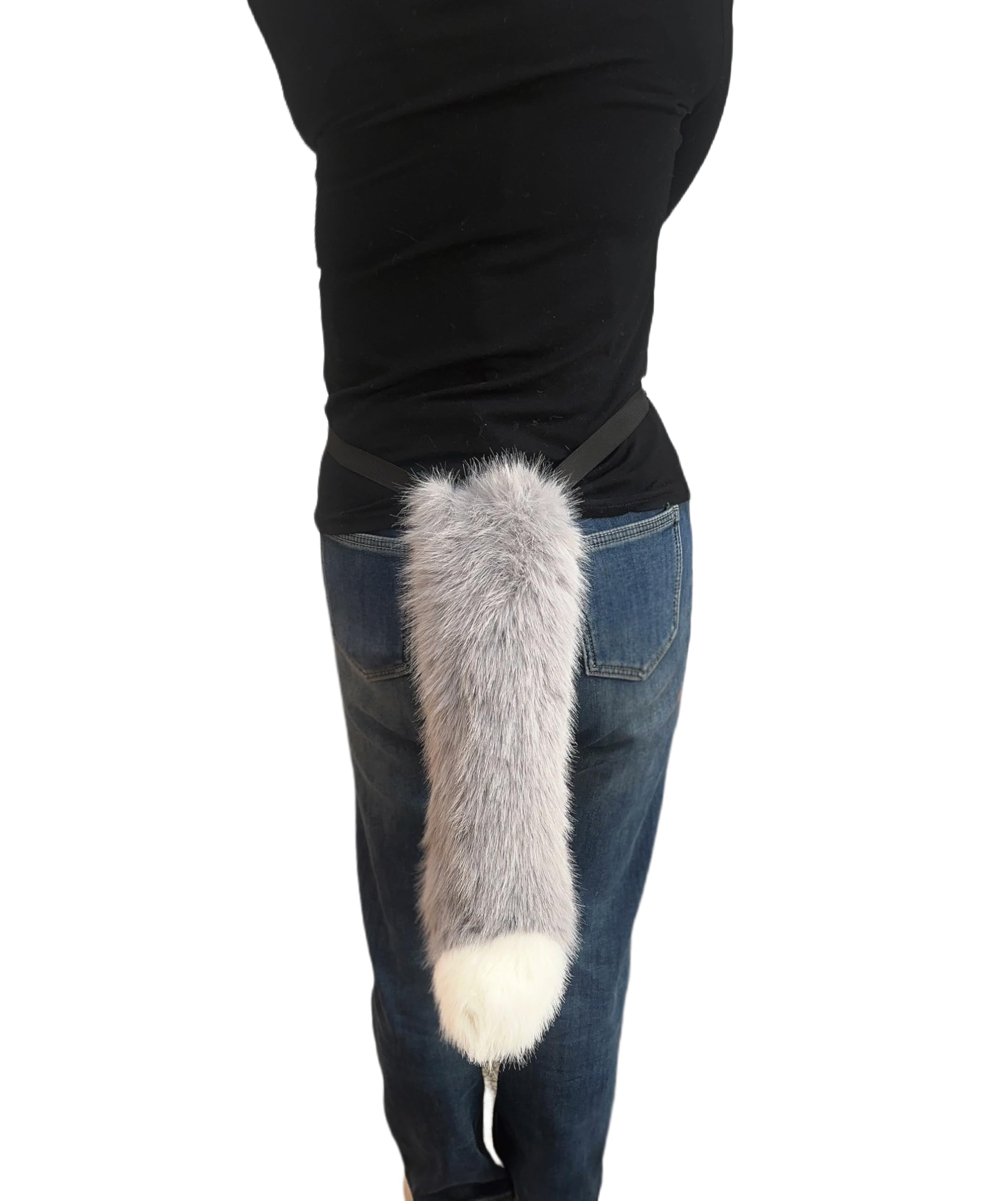 Lina & Lily Adults Faux Fur Fox Wolf Animal Tail Costume Fancy Dress Accessories for Cosplay Halloween Christmas Party (Grey & White Tip) - Image 2