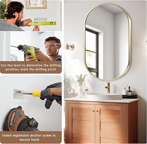 Miniatura 7 de Espejo ovalado dorado, espejo de baño ovalado de 17 x 30 pulgadas, espejo de tocador con marco de metal cepillado, espejos de montaje en pared para