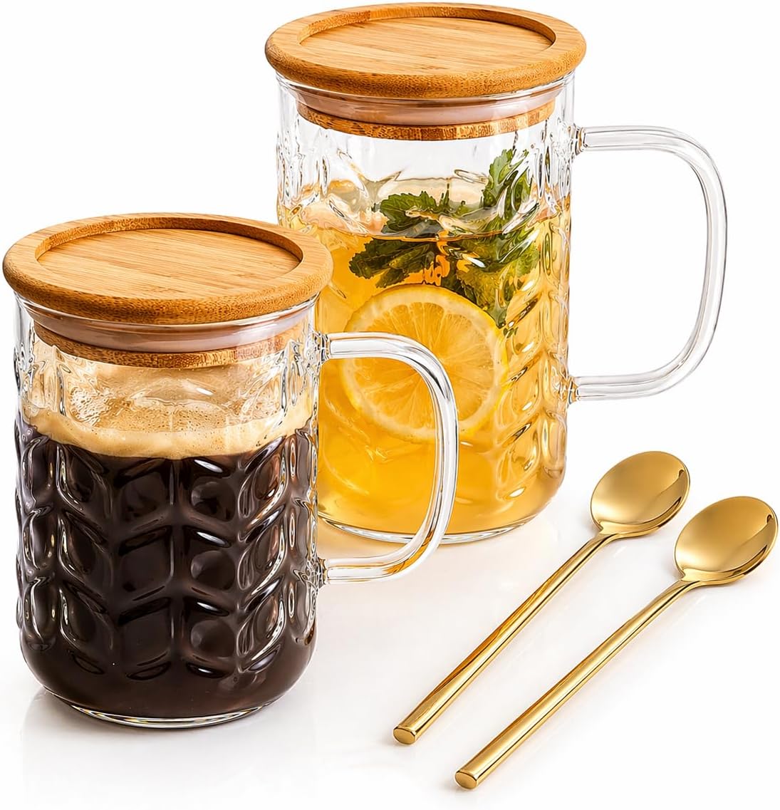 Jiuchen 2 PACK Glass Coffee Mug sets with Handle & Spoon, 16 OZ Glass Coffee mups with Bamboo Lid, Clear glass tea cups for Hot/Cold Beverages, Glassware Set for Americano, Latte, Cappuccino