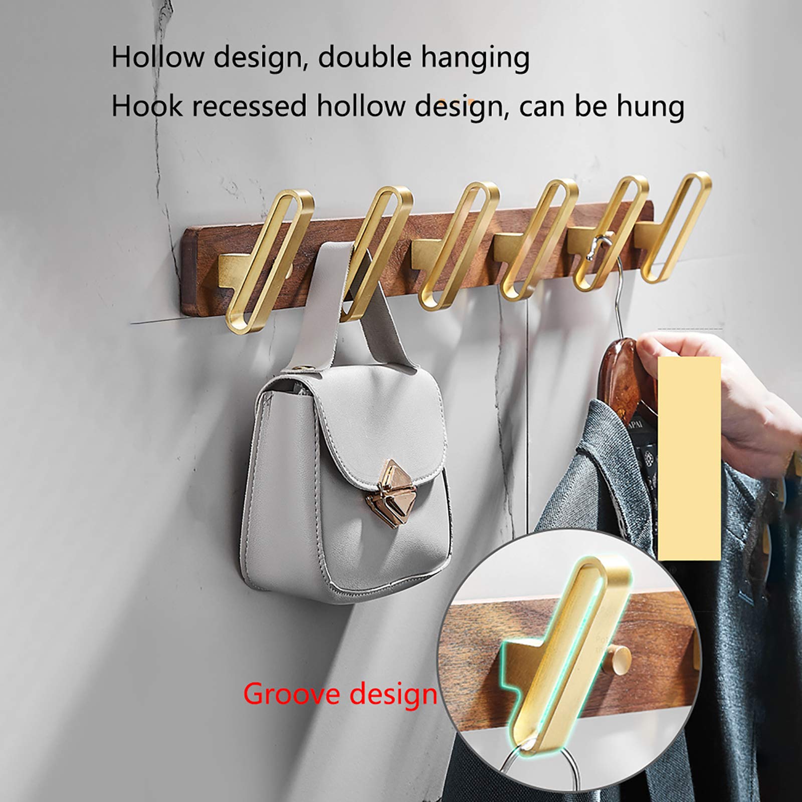 Handtuchhaken Gebürstetes Gold Kleiderhaken Wandhaken Hakenleiste Walnuss + Aluminium Mantelhaken, Garderobenhaken für Küche, Büro, Bad, Schraube Installation,5 hooks