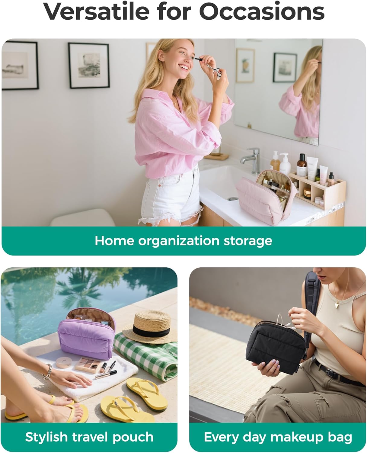 BAGSMART Makeup Bag, Wide Opening Cosmetic Bag Compact & Spacious, Water-Resistant Travel Organizer Pouches for Women (Nude Pink) - Image 2