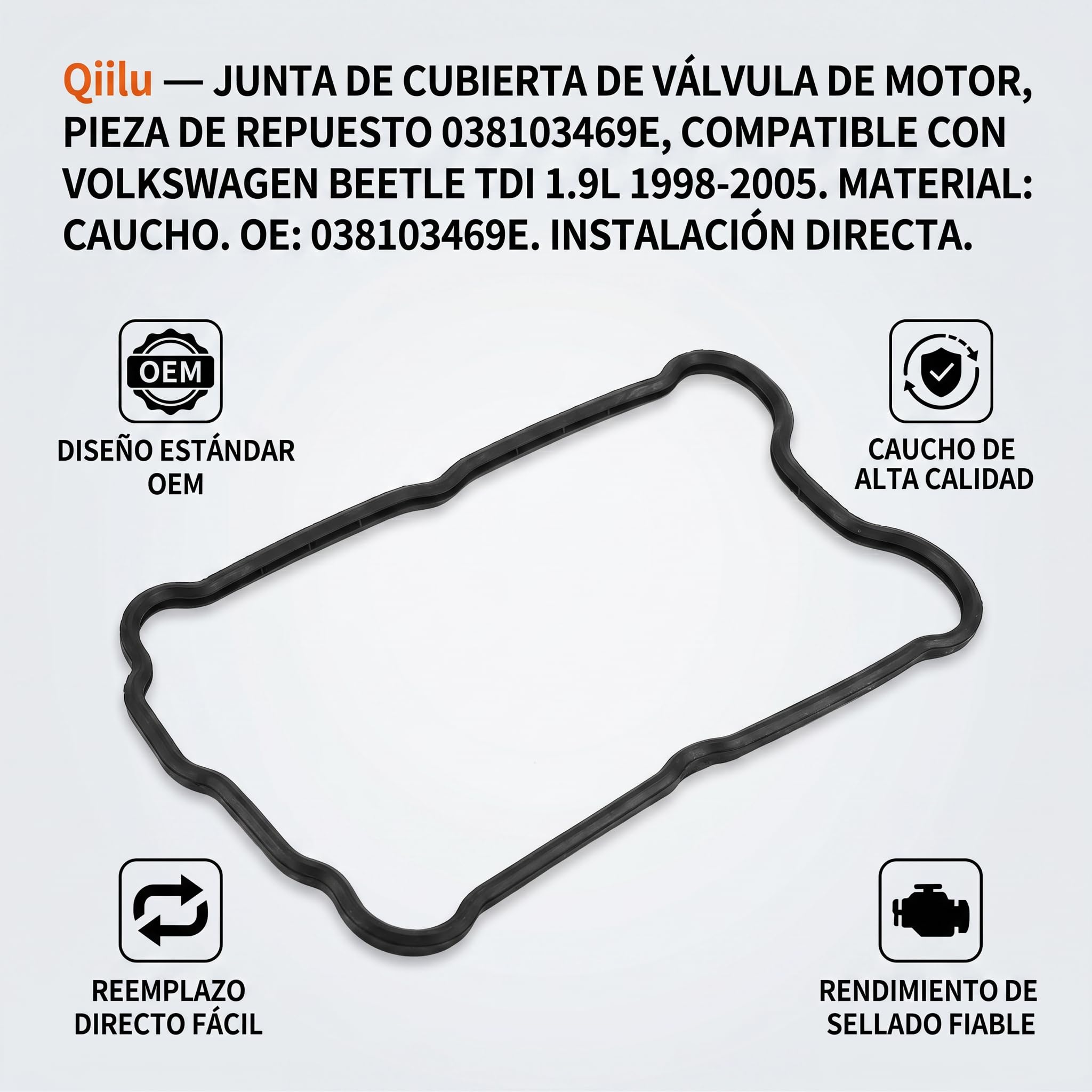 Qiilu Junta de tapa de válvula, junta de tapa de válvula de motor 038103469E Reemplazo de accesorio de coche apto para 1998-2005 TDI 1.9L