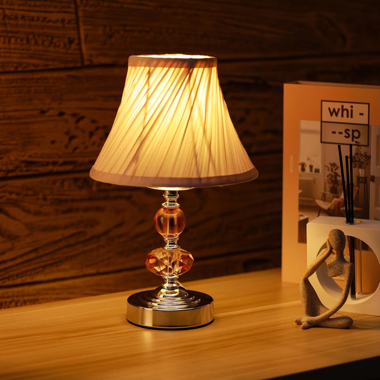 Small Modern Crystal Bedside Table Lamp, 7 x 7 x 12 Inch Electroplaetd Silver Base Table Lamp for Bedrooms and Office (Pink Pleated Bell Shape Shade)