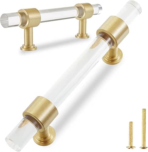 QOGRISUN 2-Pack Acrylic Cabinet Pulls with Brass Base, Gold Modern