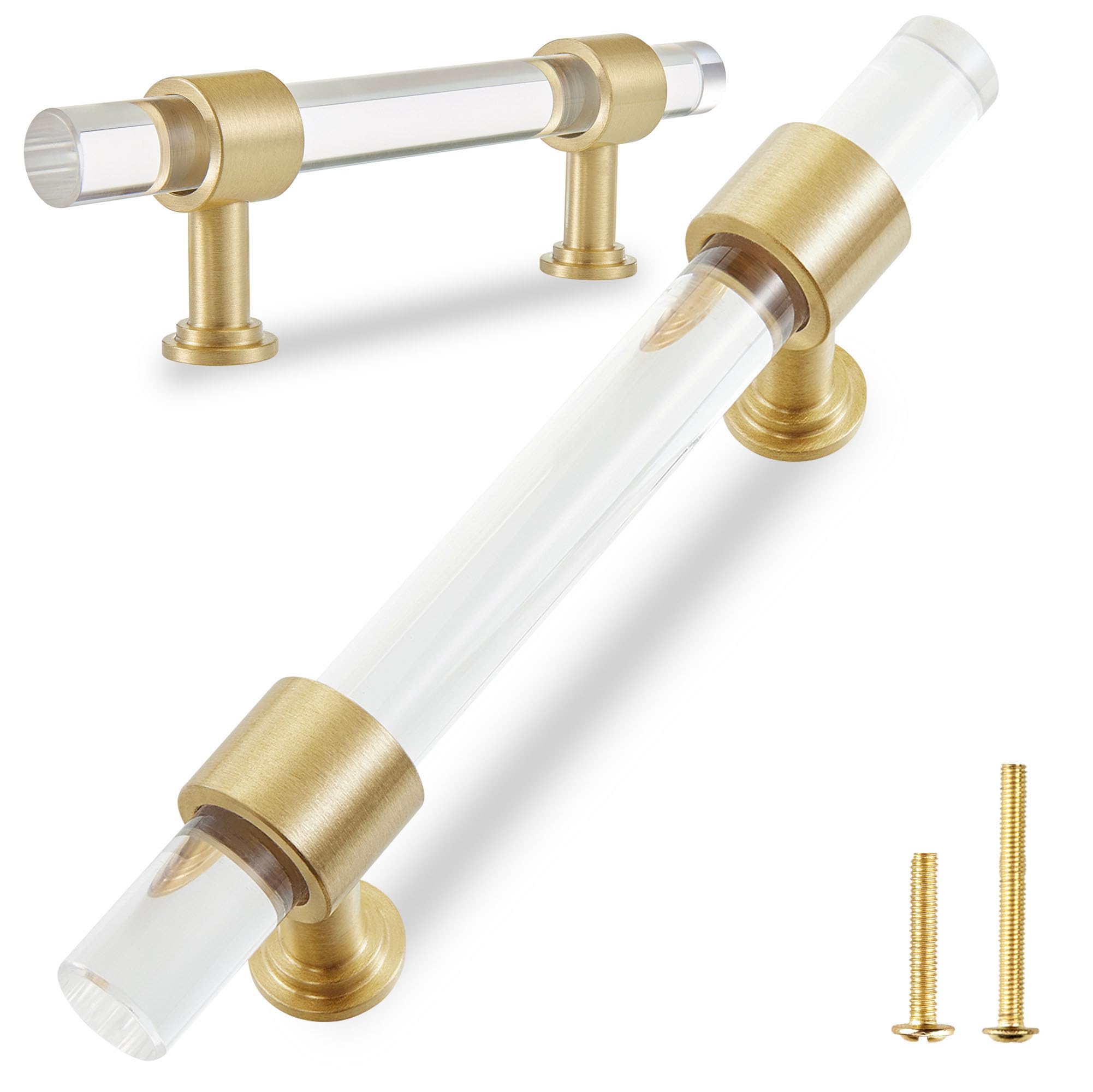 QOGRISUN 2-Pack Acrylic Cabinet Pulls with Brass Base, Gold Modern Drawer Handles, 3-inch Hole Center for Kitchen, Dresser Drawer Clear Glass Crystal