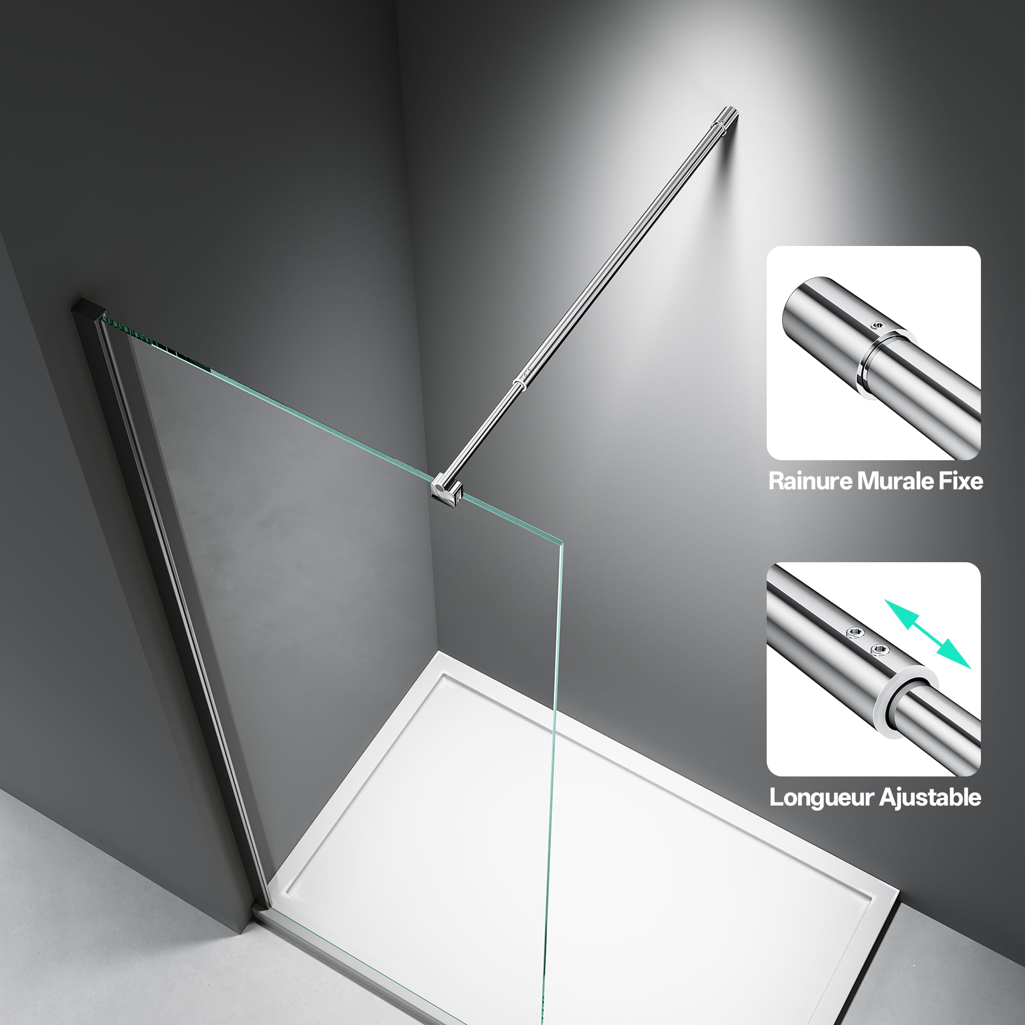Barre de soutien murale télescopique pour paroi de douche, inox, réglable de 66,5 à 125,8 cm (du mur au bord intérieur du verre), compatible verre 6-10 mm, chromé