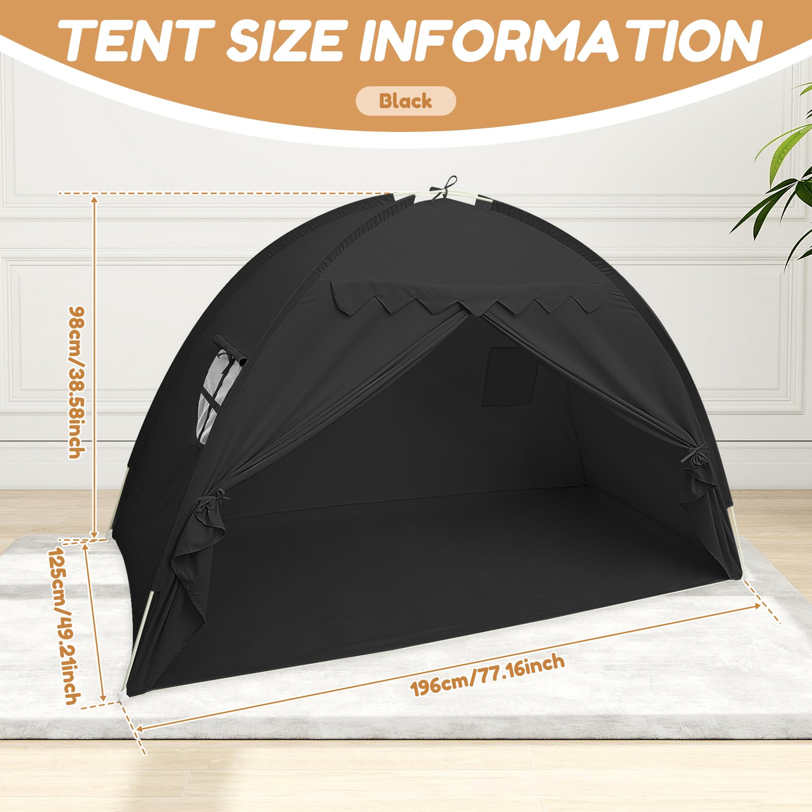 Kinder Bettzelt 196x98x125cm Kinderzelt mit Fenstern Bett Baldachin Zelt Vielseitig Robust Groß Spielzelt Kinder für Bett Schlafzimmer Kinderzimmer Drinnen Draußen (schwarz)