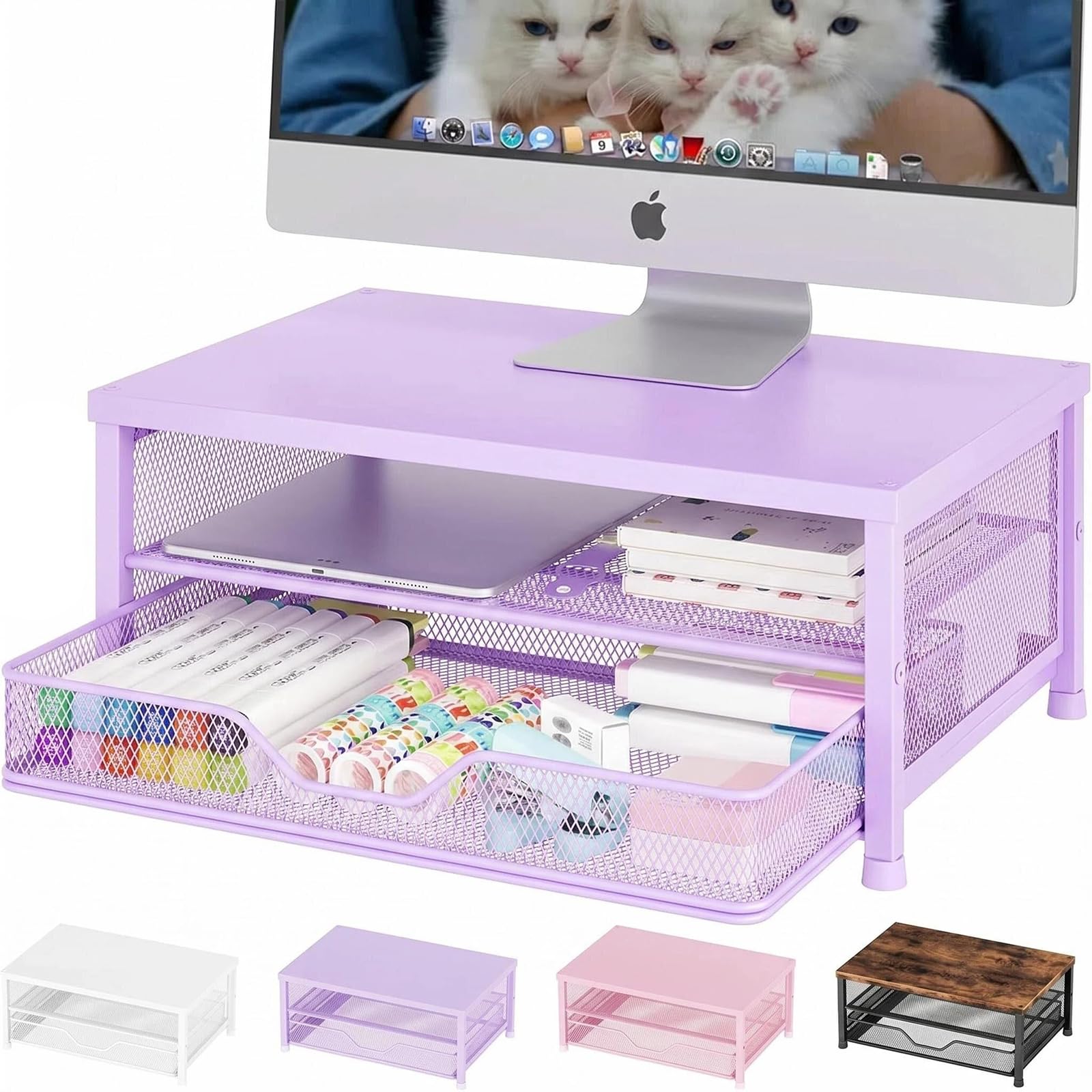OPNICE Computer Monitor Stand Riser, Desk Organizer with Drawer, Printer &amp; Laptop Stand, Office Desk Accessories &amp; Workspace Desktop Organizers Storage for Office Supplies(Purple)