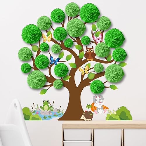 Miniatura 6 de Juego de tablones de anuncios de árbol de primavera para aula, recortes de árbol verde 3D de primavera con pompones de papel, cortes de papel para