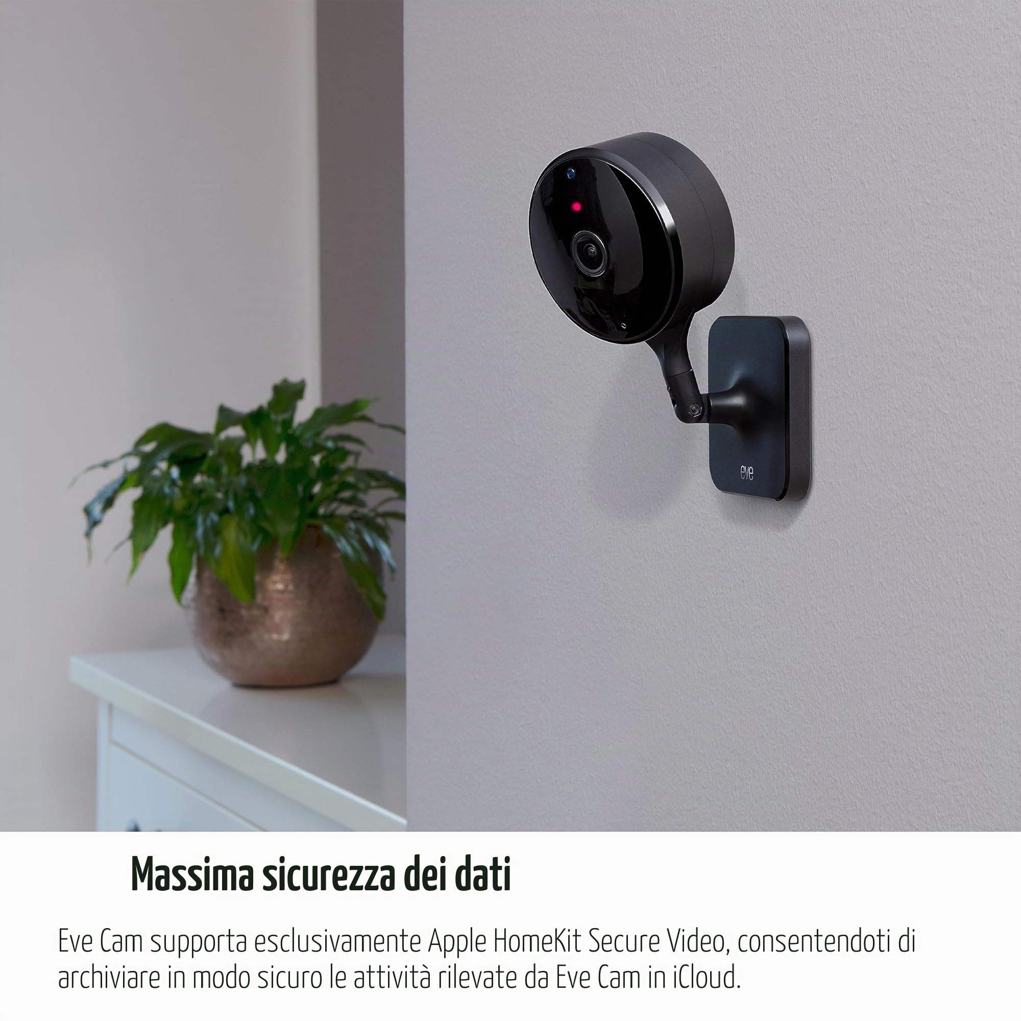 EVE Cam - Videocamera intelligente per interni, risoluzione di 1080p, privacy al 100%, Video sicuro di HomeKit, notifiche su iPhone, microfono e altoparlante, vista notturna, installazione flessibile