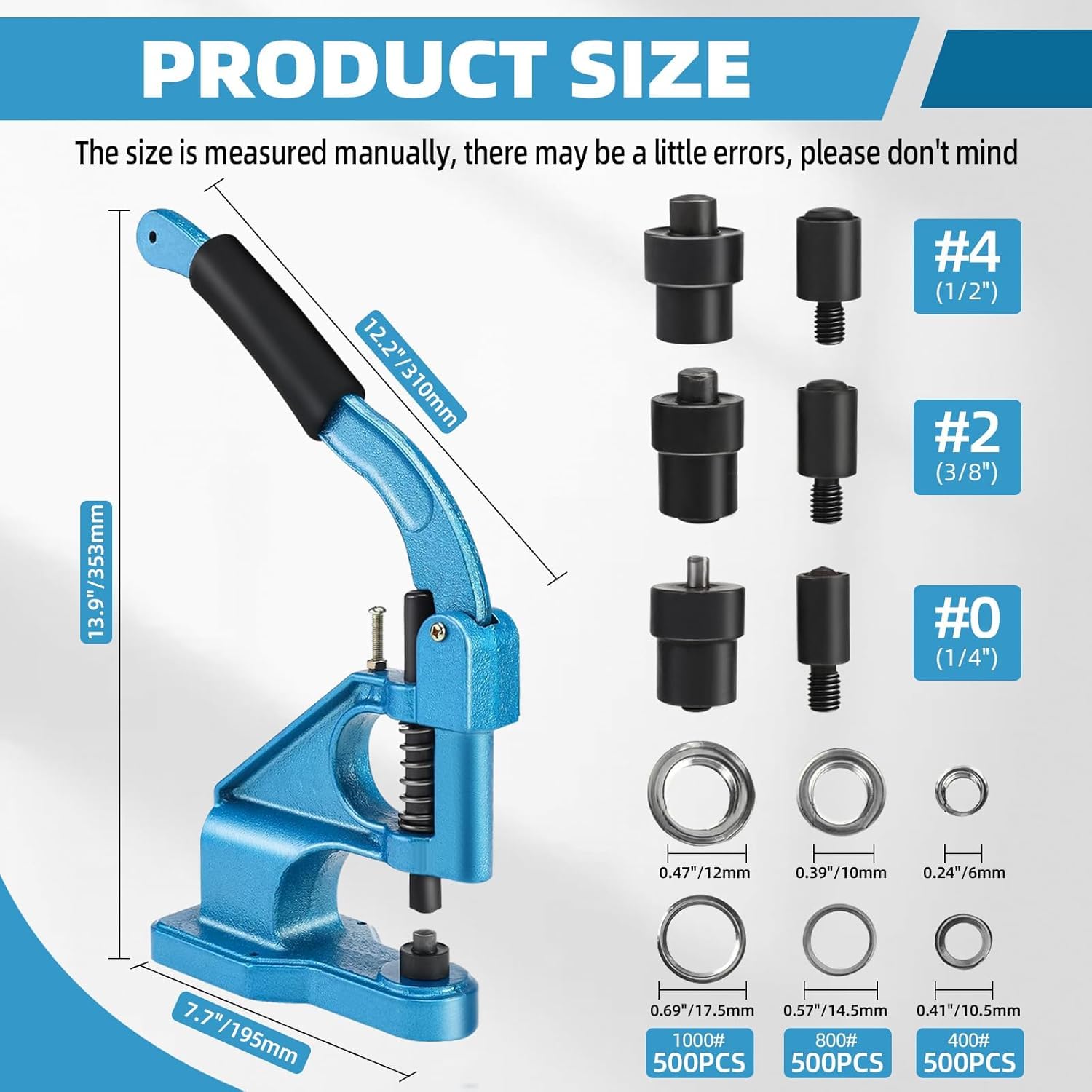 BOOMSTART Kit de perforación de ojales, máquina de ojales de 6, 10 y 12 mm, máquina de ojales de presión manual resistente con juego de perforadores y 1500 ojales plateados para lonas, cortinas