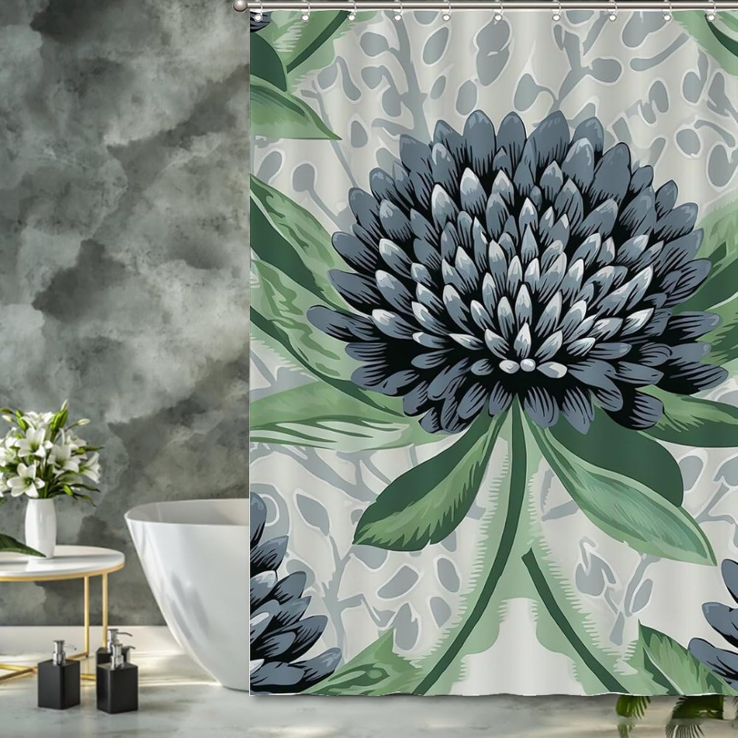 Chinoiserie Style Black and Green Shower Curtains for Bathroom 72x90in Asian Floral Shower Curtains Modern Shower CurtainPolyester Fabric Shower Curtain Set with Hooks