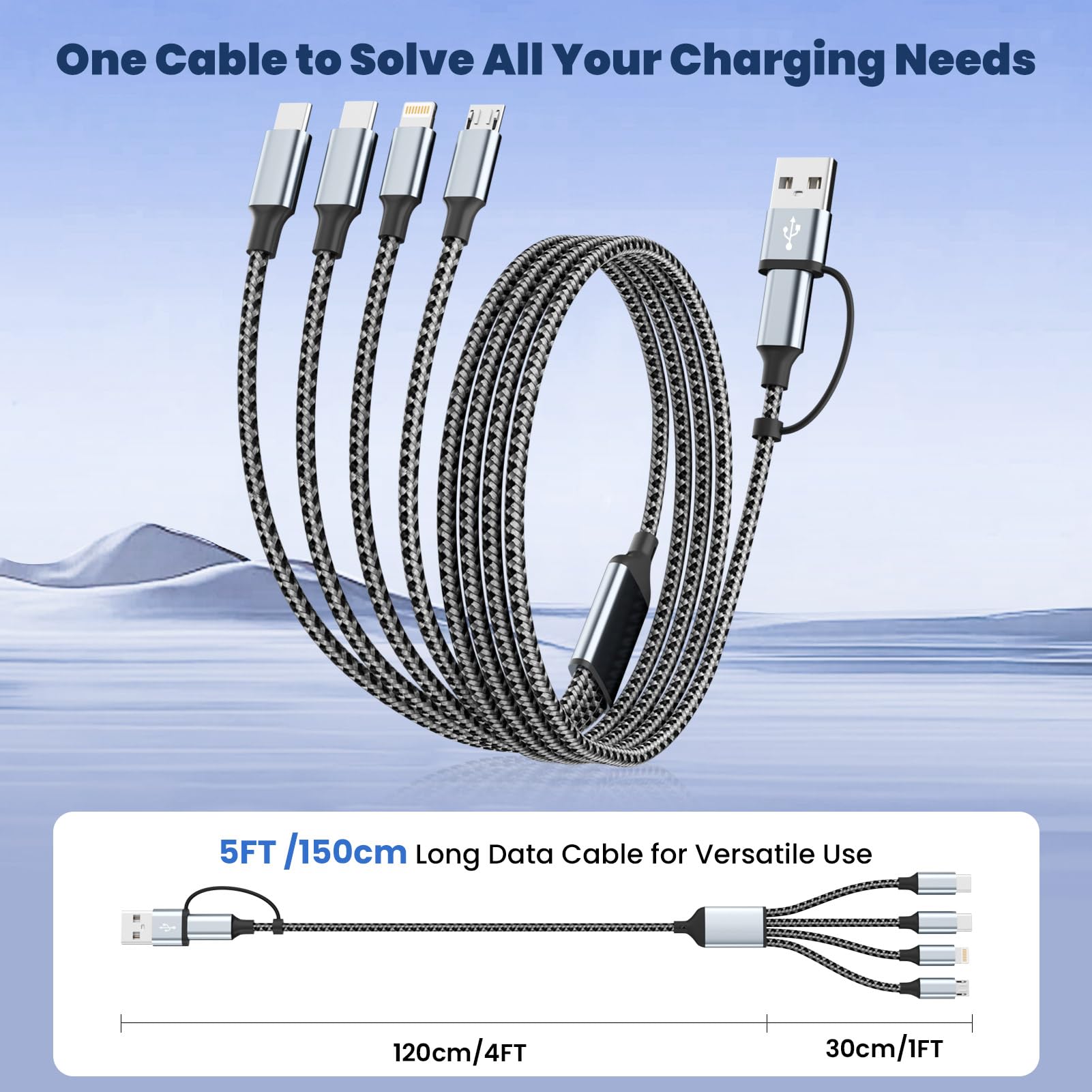 Travel Essentials, cavo di ricarica doppio tipo C 4 in 2 multi per più dispositivi, cavi di ricarica USB C/A, cavo universale per caricabatterie per telefono con porta IP/Micro/2 USB-C per iPhone 16