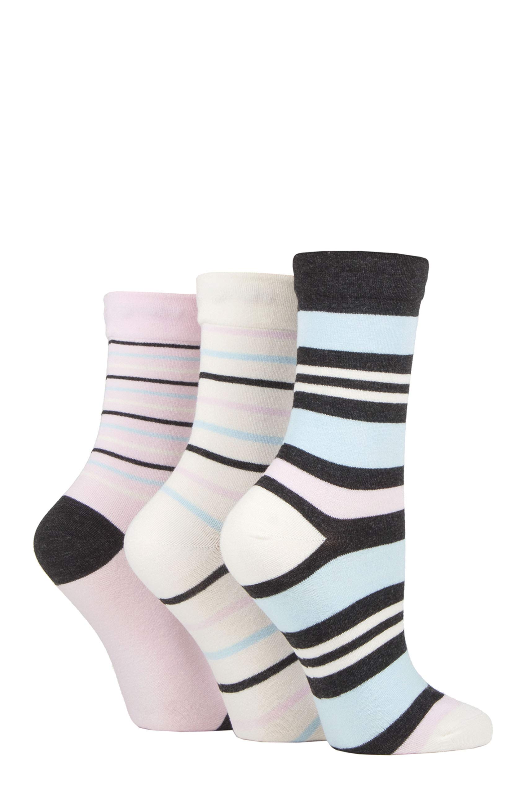 Sockshop Women's Charcoal Cream Stripe Gentle Bamboo Socks With Smooth Toe Seams In Plains And Stripes Pack Of 3 (, 4-8)