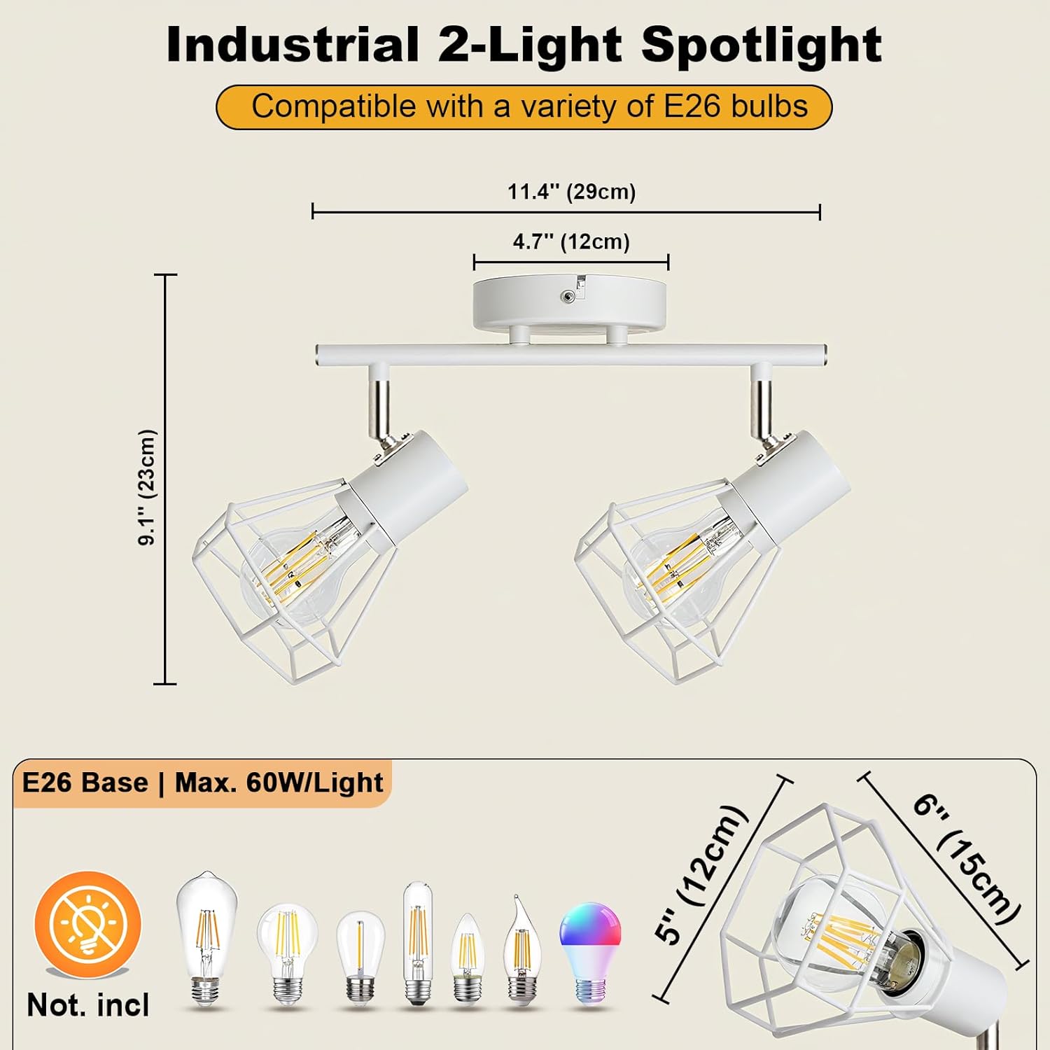 HiBay 2-Light Track Lighting White, Rotatable LED Ceiling Track Spot Light, Metal Cage Farmhouse Wall Spotlight Fixture Indoor for Kitchen, Bedside, E26 Base (Bulb Not Included)