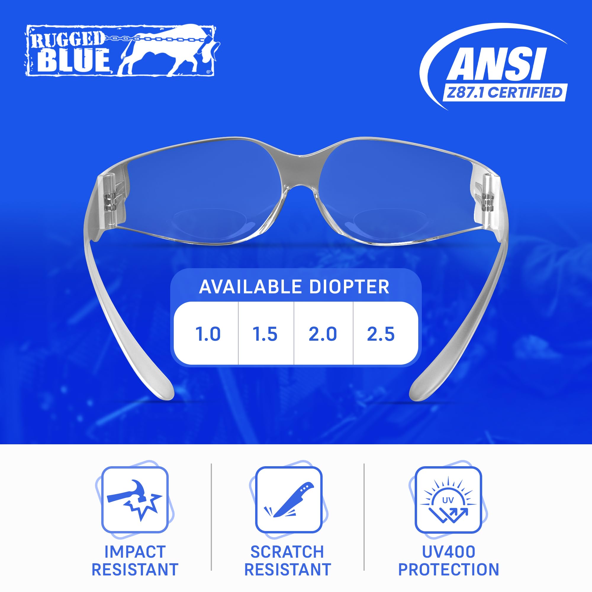 Resistente azul lector gafas de seguridad, color transparente, 2.0 Diopter Strength, 1 Pair - 2.0 Dopter