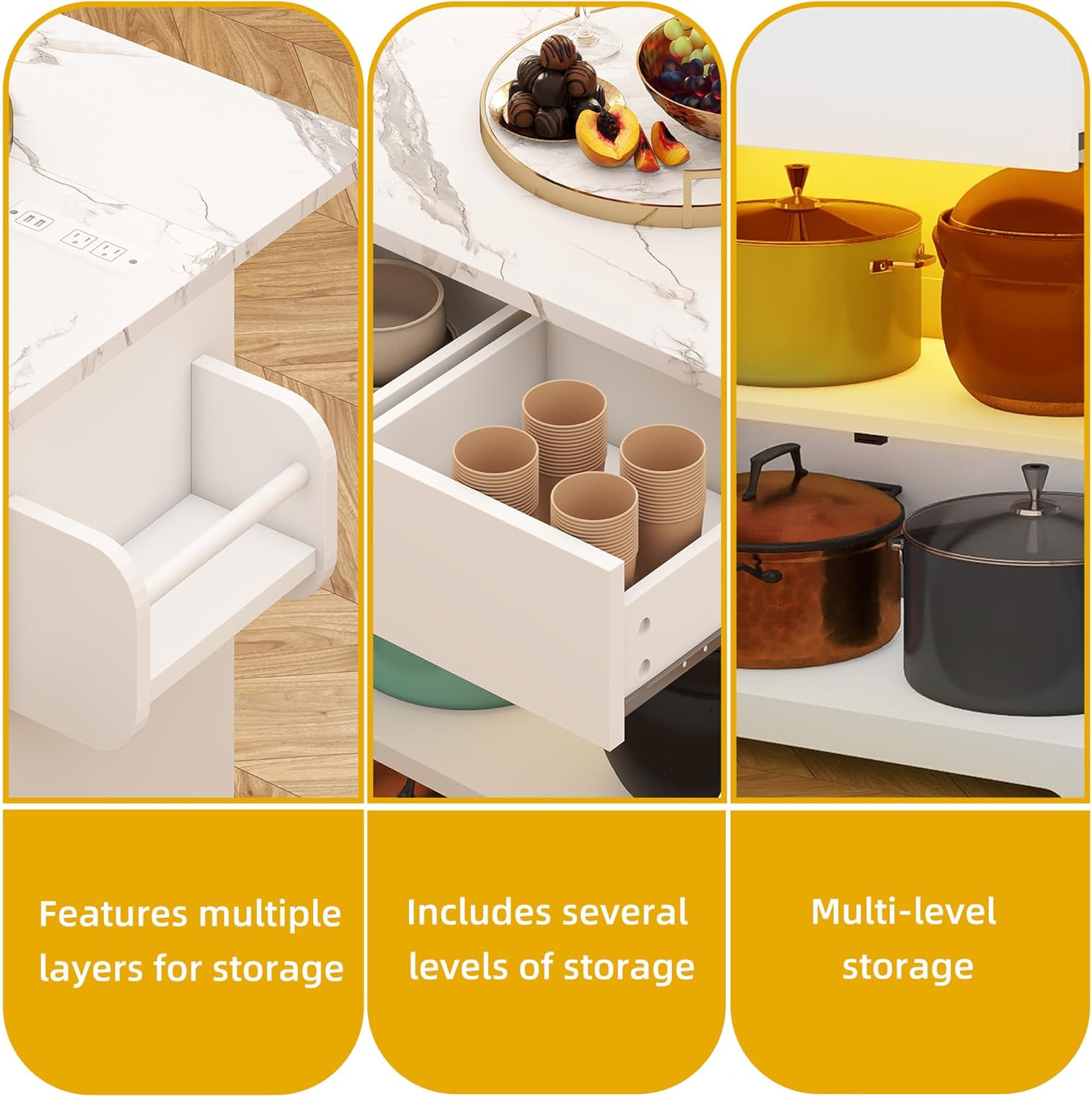 DWVO Kitchen Island with Drop Leaf, Mobile Kitchen Storage Islands with Power Outlet & LED Lights, 37.5" Rolling Dinning Table with Seating, 2 Soft Cushion Bar Stools, Towel & Spice Rack, Marble White