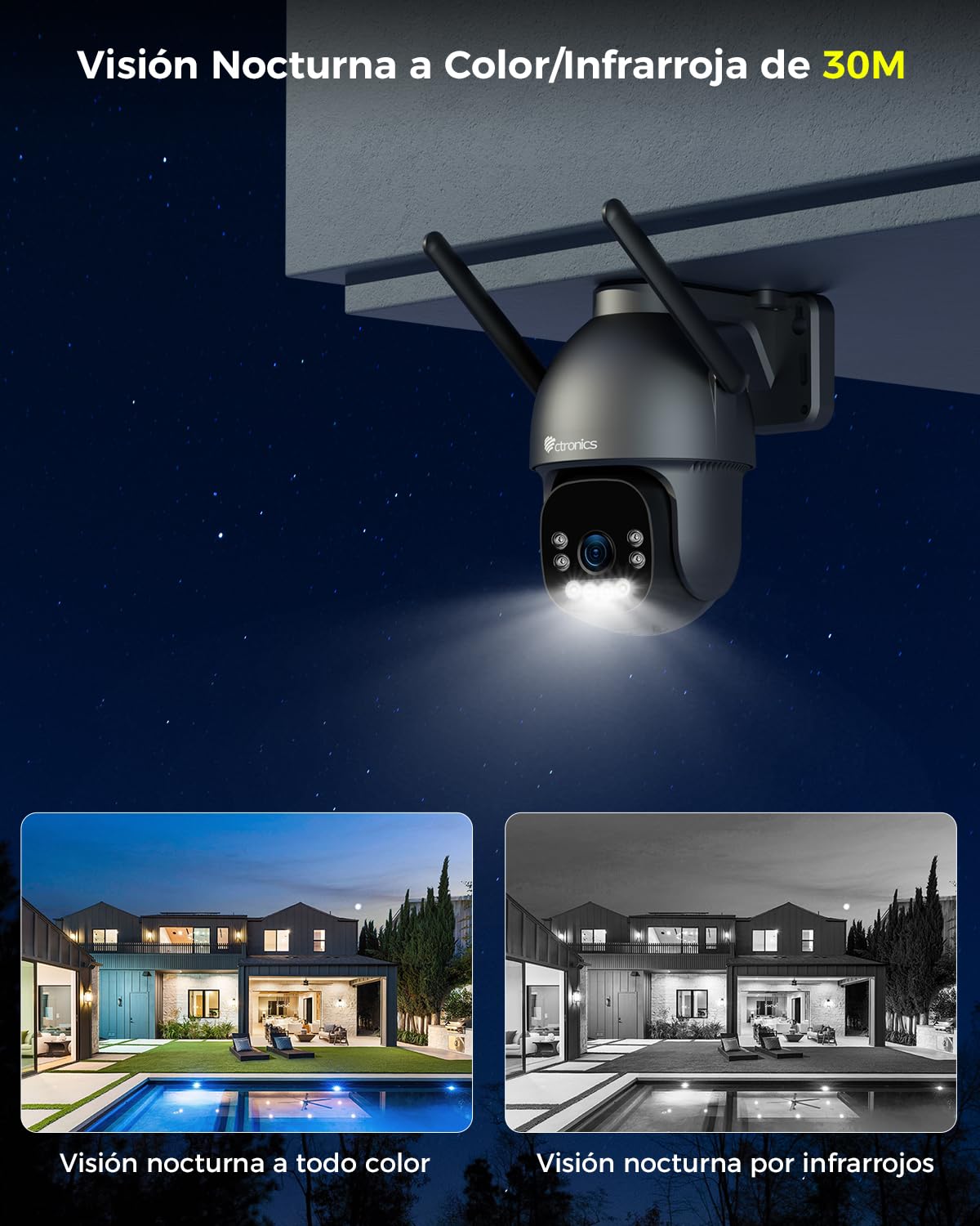 Ctronics Cámara de Vigilancia Exterior 4K para Exteriores WiFi, Cámara PTZ | Visión Nocturna a Color de 8MP, WiFi 2.4/5 GHz, Detección de Personas/Vehículos/Animales, NVR, Audio Bidireccional, IP66