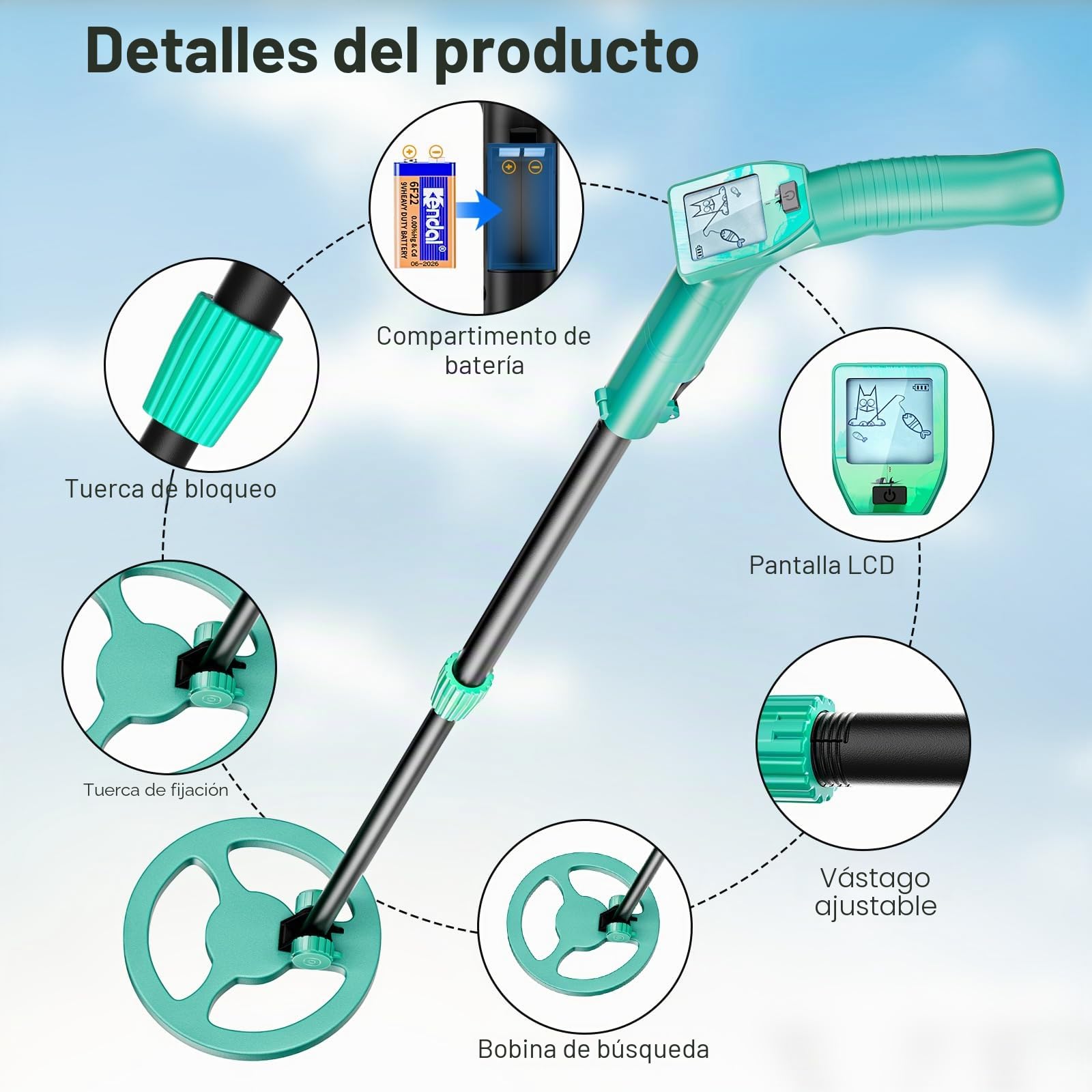 Detector de Metales para Niños, Longitud Ajustable (66-83cm), Detector de Metales para Niños con Pantalla LCD, Pala, Rastrillo, Mochila, Adecuado para Detectar Monedas