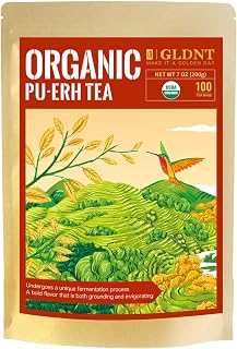 GLDNT Organic Pu-erh Tea Bags, Fermented Yunnan Dark Tea, Bold & Mellow Flavor, Caffeinated, 100 Count