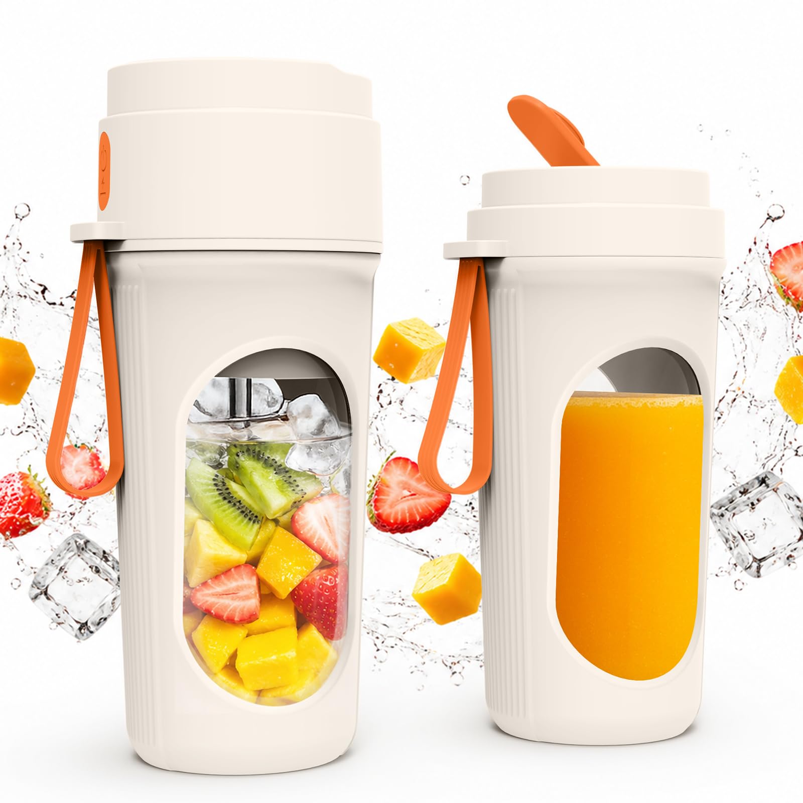 Batidora de Vaso Portátil 450ml, Mini Batidora Potente con 12 Cuchillas de Acero Inoxidable, Tapa Hermética y Recargable Type-C para Batidos, Fitness y Hogar, Compacta Sin BPA, Naranja