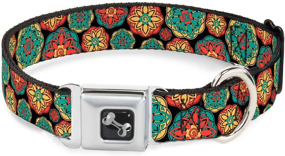 Dog Collar Seatbelt Buckle Boho Mandala Black Yellow Turquoise Orange 11 to 17 Inches 1.0 Inch Wide