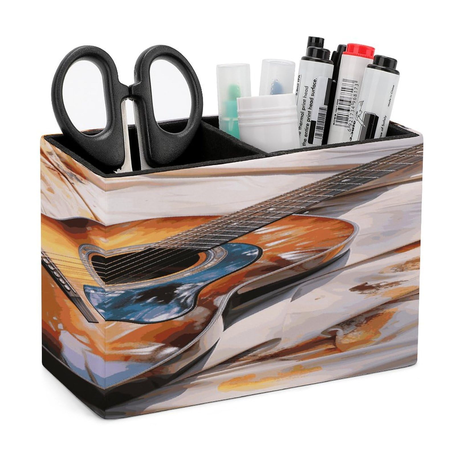 LDGSUPH Watercolor Acoustic Guitar Leather Pen Holder for Desk Organizer Caddy Large Pencil Cup Multi-function Pencil Holder Makeup Brush Holders Pen Organizer for Home Office Storage Box