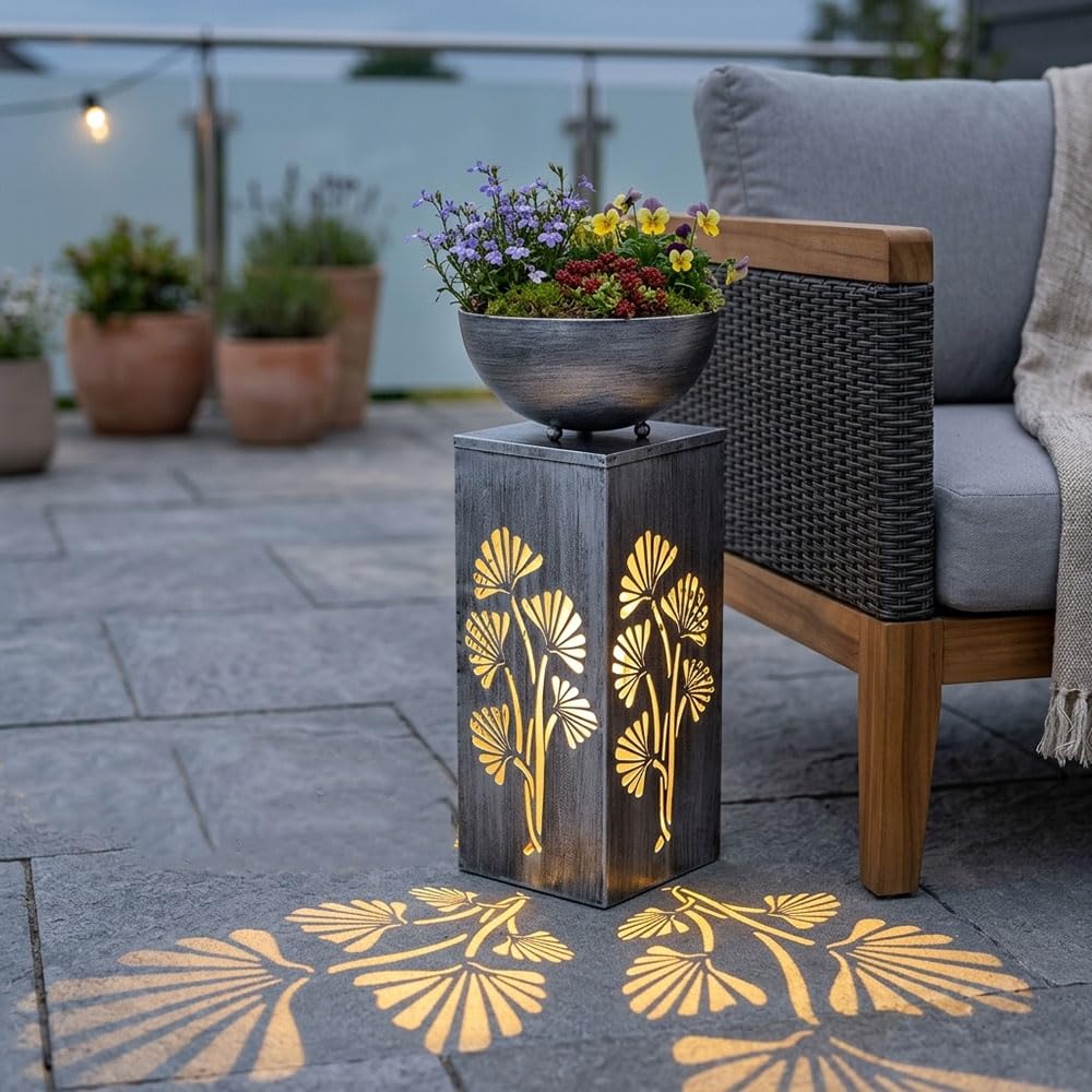 Dekosäule mit Pflanzschale und Beleuchtung Solar Säulenleuchte Außen Pflanzsäule mit Schale Metall, Lichteffekt, 1x LED warmweiß, H 59 cm, Garten