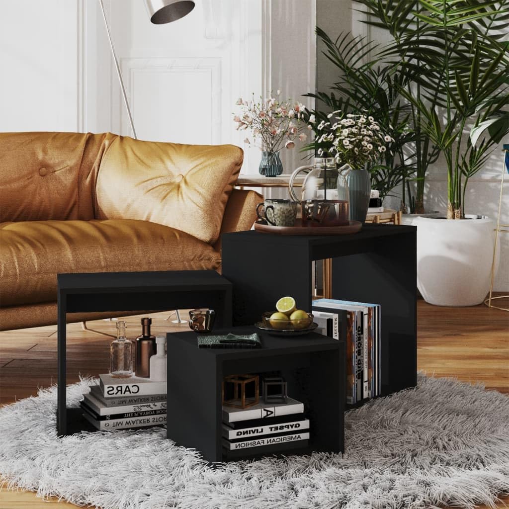 Satztische 3-TLG. Schwarz Holzwerkstoff, Beistelltisch Set mit 3 Größen für Wohnzimmer, Schlafzimmer, schmaler Sofa Tisch, Couchtisch Alternative, moderner Wohnzimmertisch, Dekoration Küche, Haushalt & Wohnen