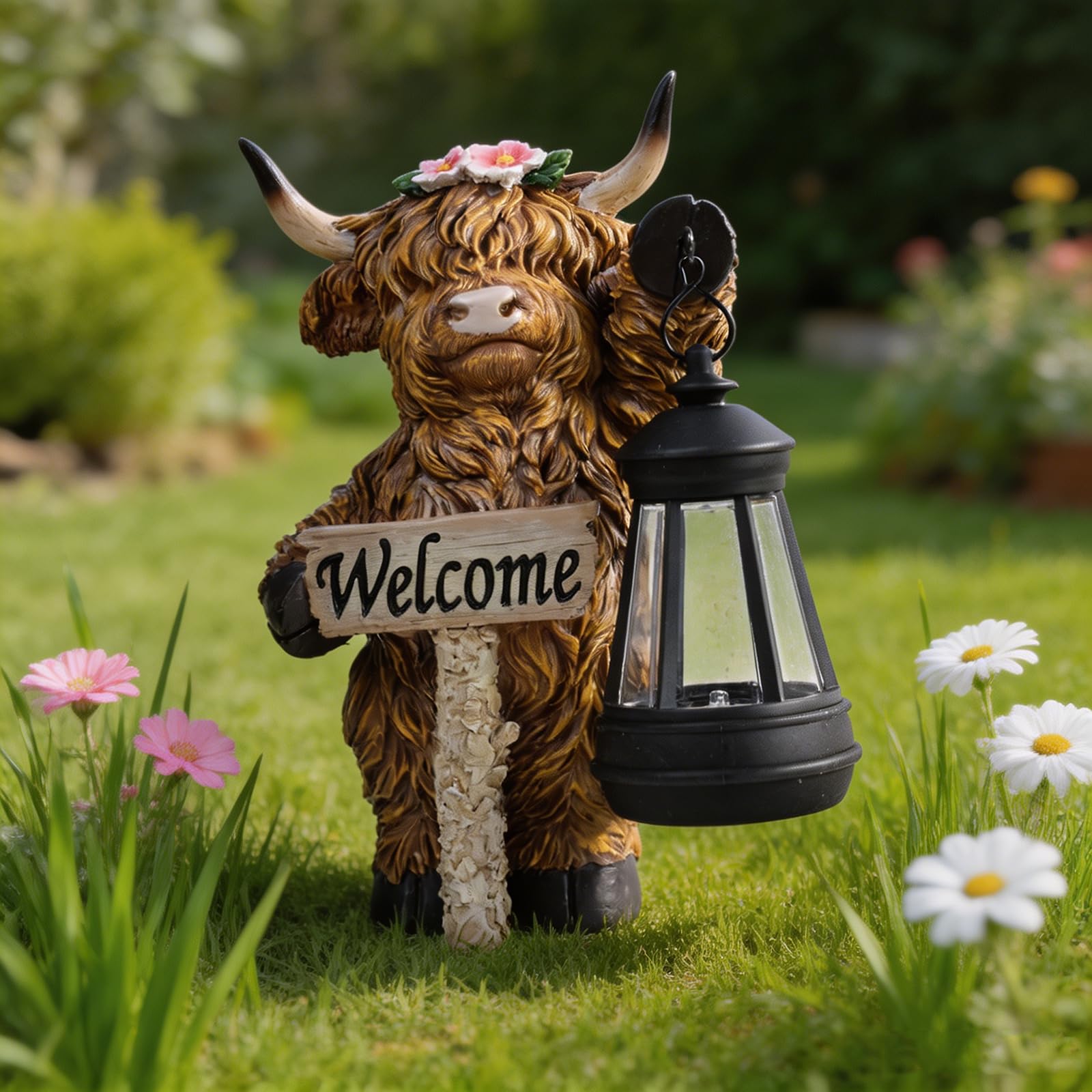 Highland Cow Solar Garden Lantern with Lantern & Welcome Sign Resin Outdoor Highland Cow Ornament Waterproof Solar Garden Decor for Patio Lawn Porch Yard (Brown B)