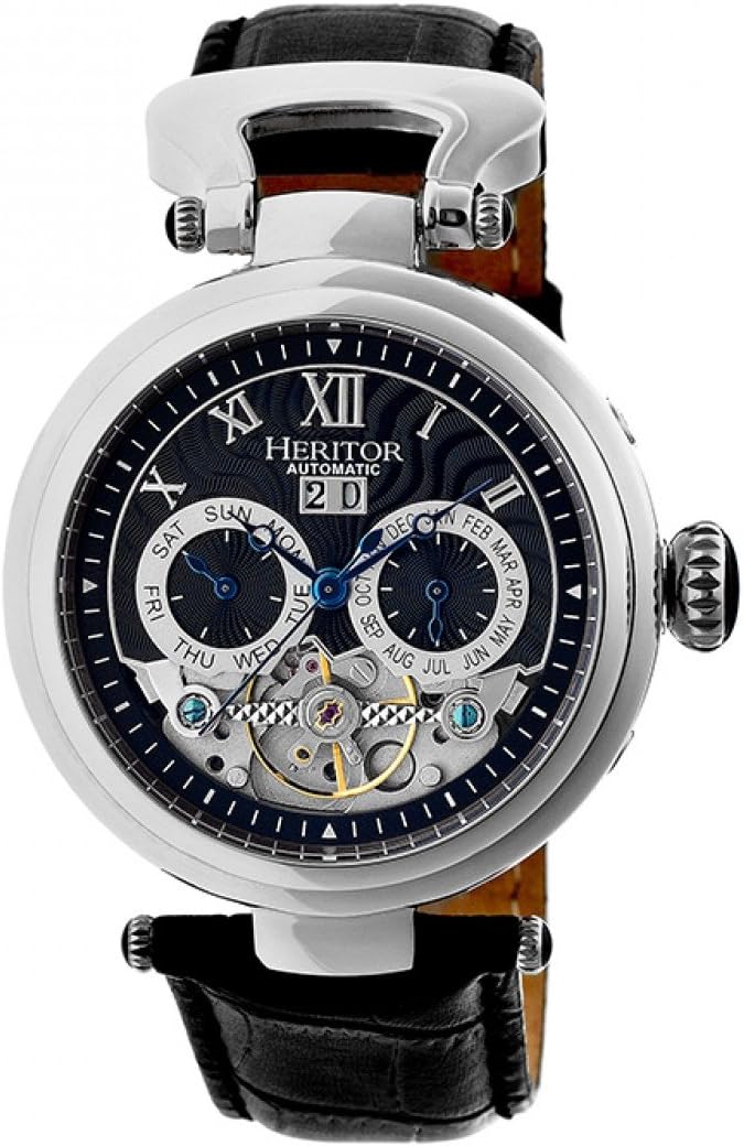 HERITOR Ganzi Automatic Watch for Men – 44mm Men’s Semi-Skeleton Watch with 35-Jewel Movement, 316L Stainless Steel Case, Sapphire-Coated Crystal, Leather Strap (HERHR3305)