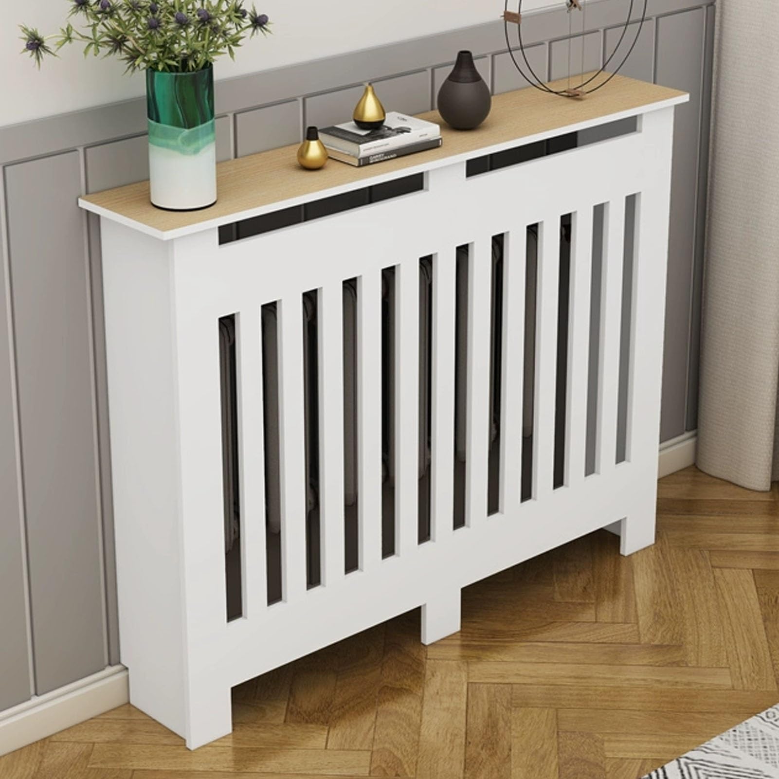 Heizkörperverkleidung Schrank mit belüftetem Grill, 4-seitiges Heizschrankregal für Dampfheizkörperschutz im Schlafzimmer und Flur