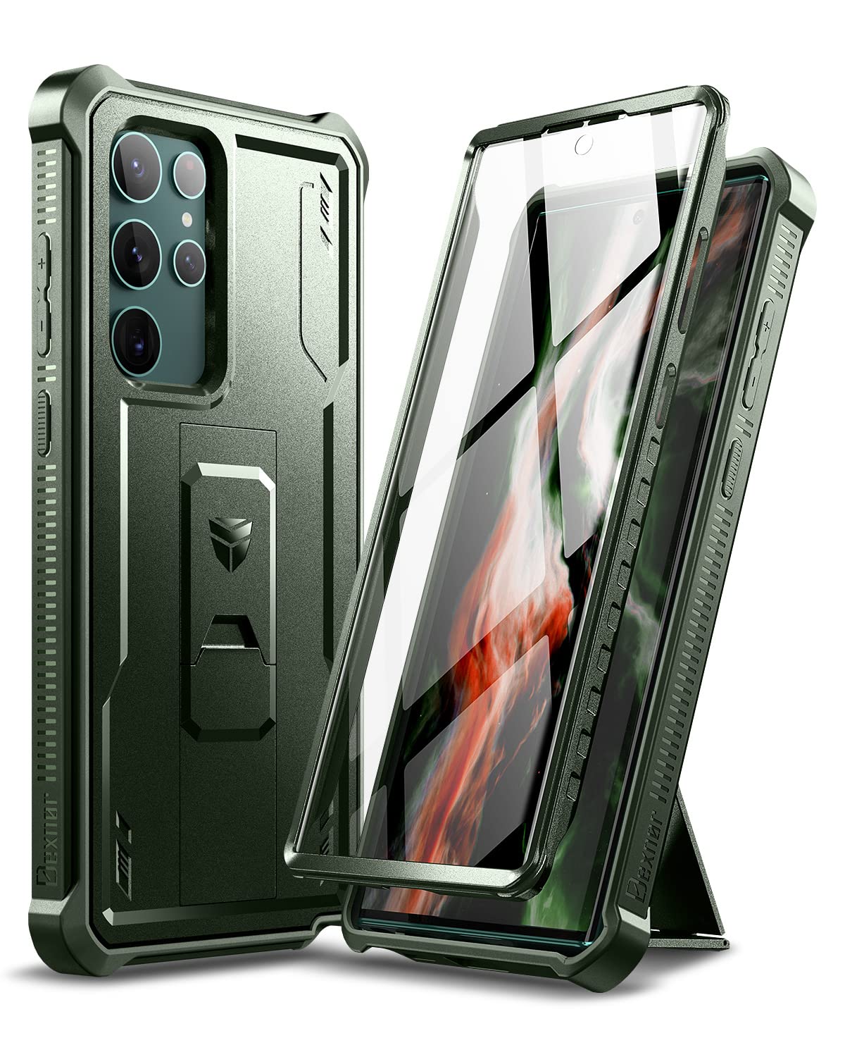 DexnorCompatible with Samsung Galaxy S22 Ultra 5G Case with Built-in Screen Protector Military-Grade 360 Full Body Shockproof Bumper Protection Cover with Stand - Army Green