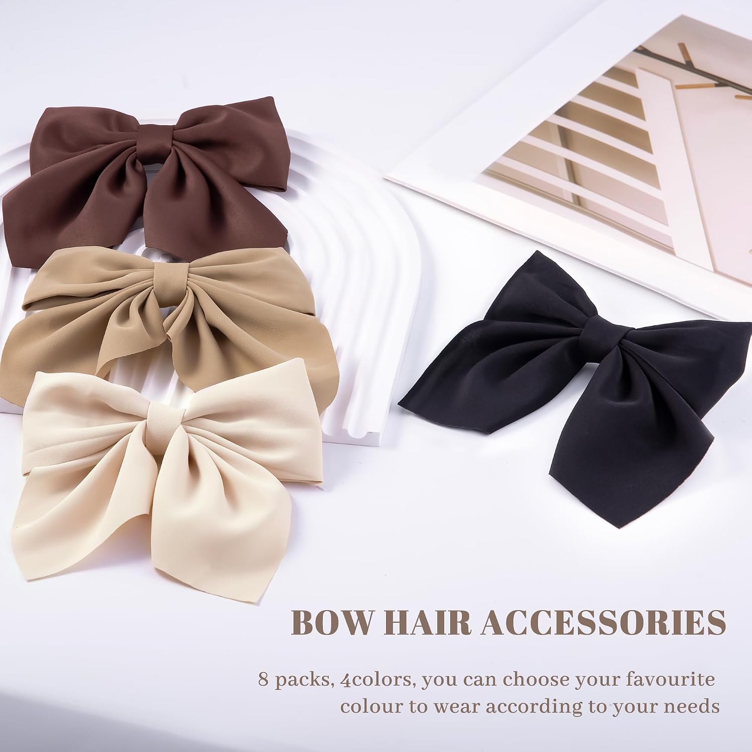 8 Pcs Hair Bows for Women Short Tail Bow Hair Clips Small Alligator Barrettes Cute Accessories for Girls(Black/Khaki)