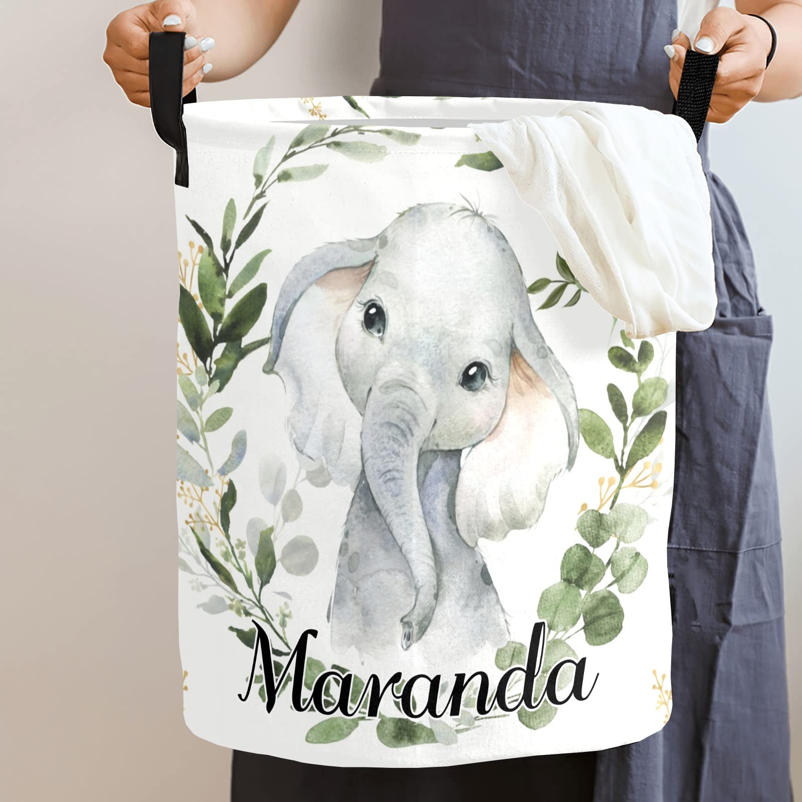 Personalized Freestanding Laundry Hamper, Custom Waterproof Collapsible Drawstring Basket Storage Bins with Handle for Clothes Jungle Leave