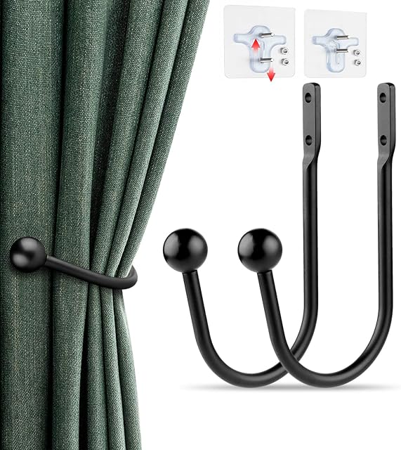2 Pieces Metal Curtain Holdback,U-Shaped Meta Drapery Curtain Holdbacks, Wall Mounted Curtain,with Screws Curtain Tie Backs for Wall Mounted Curtains, Shower Curtains (Black)