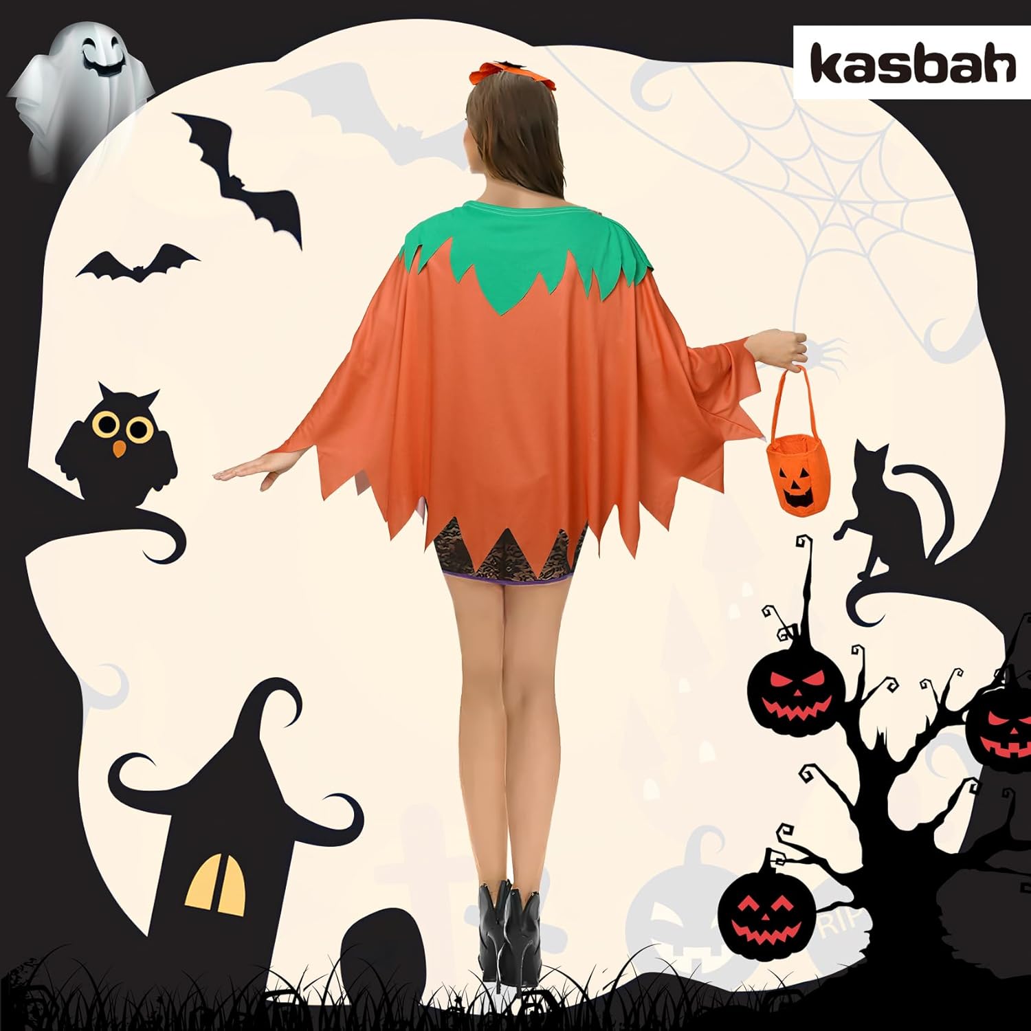 KASBAH Adult Halloween Pumpkin Costume Set Pumpkin Cloak Poncho - Image 6