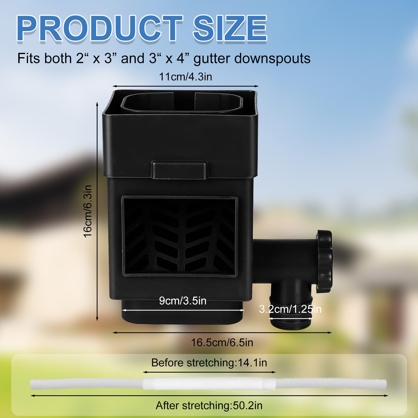 Recolector de agua de lluvia, recolector de lluvia Compatible con tubos de bajada estándar de 2x3 o 3x4 pulgadas, desviador de tubo de bajada con válvula ajustable y filtro, manguera de 1,5 m (Negro)