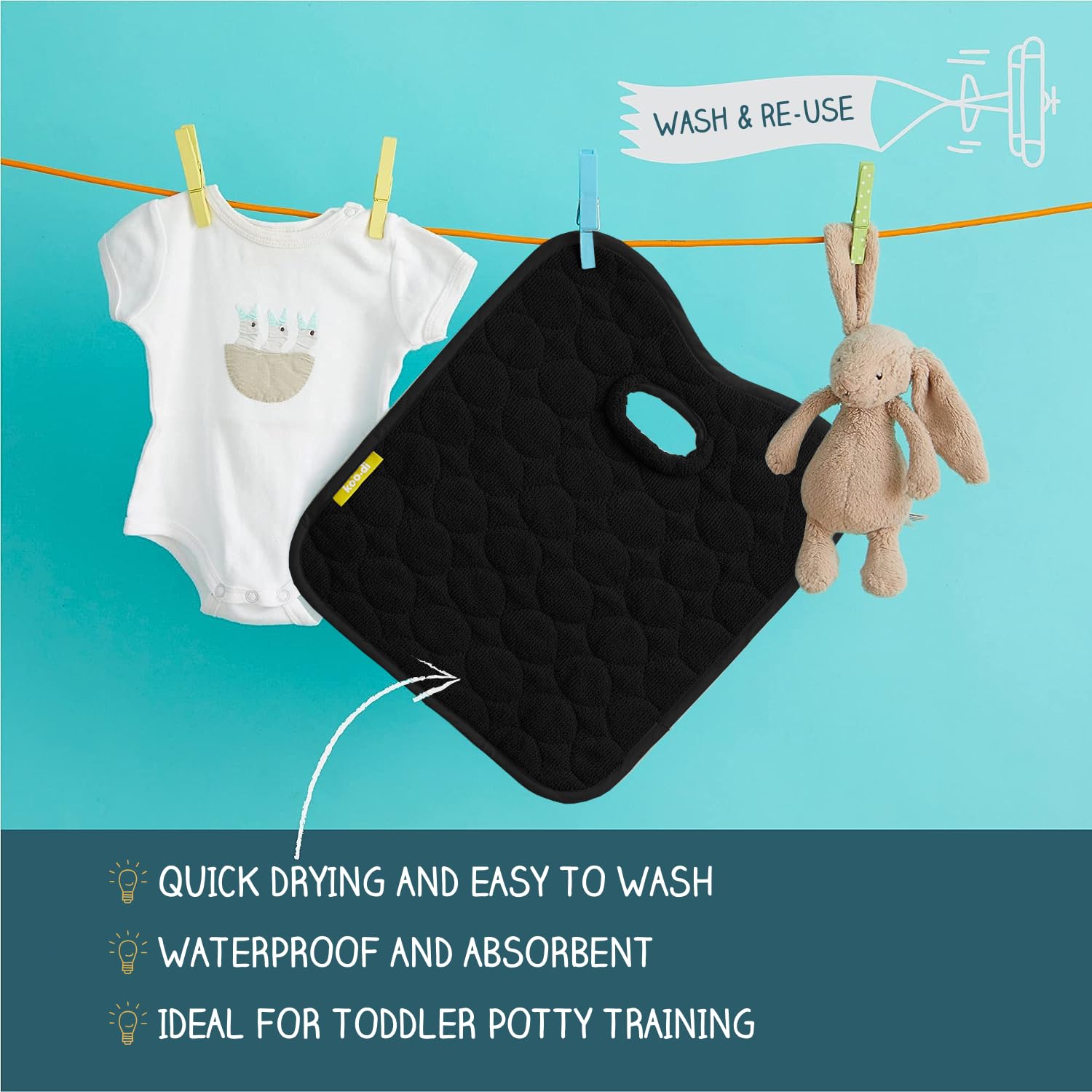 Koo-Di Oopsie Do Do Baby Car Seat Protector & Pushchair Liner - Black | Waterproof & Absorbent Seat Pad for Potty Training, Travel, Car Seat, Pushchair, Highchair & Buggy — view 3