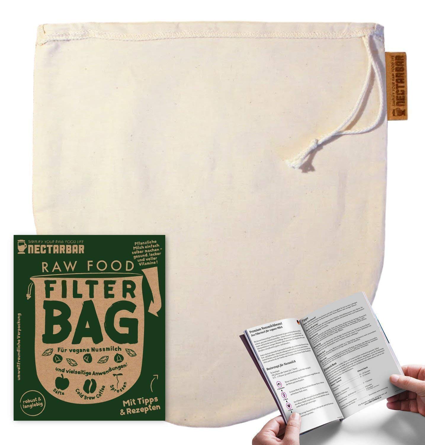 Nussmilchbeutel Baumwolle 24 x 27 cm – handgefertigt – Eco Nut Milk Bag – Filterbeutel für Mandelmilch & Säfte – waschbar – mit Kordelzug – plastikfrei – Made in Germany – Verpackung DE