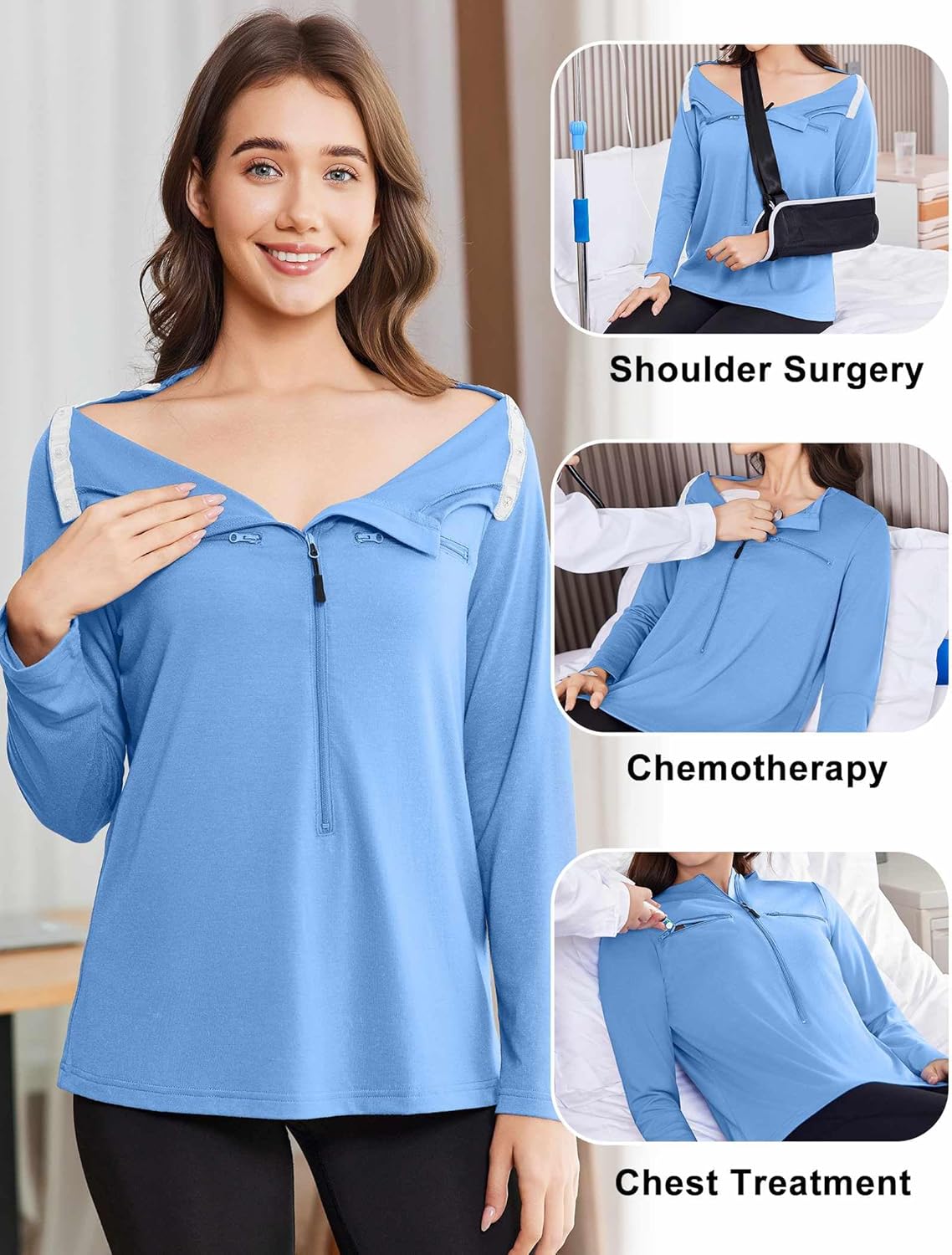 Deyeek Chemo Port Shirts for Women 2 Side Snaps Long Sleeve Shoulder Post Surgery Clothing Dialysis Breast Cancer Shirts - Image 4