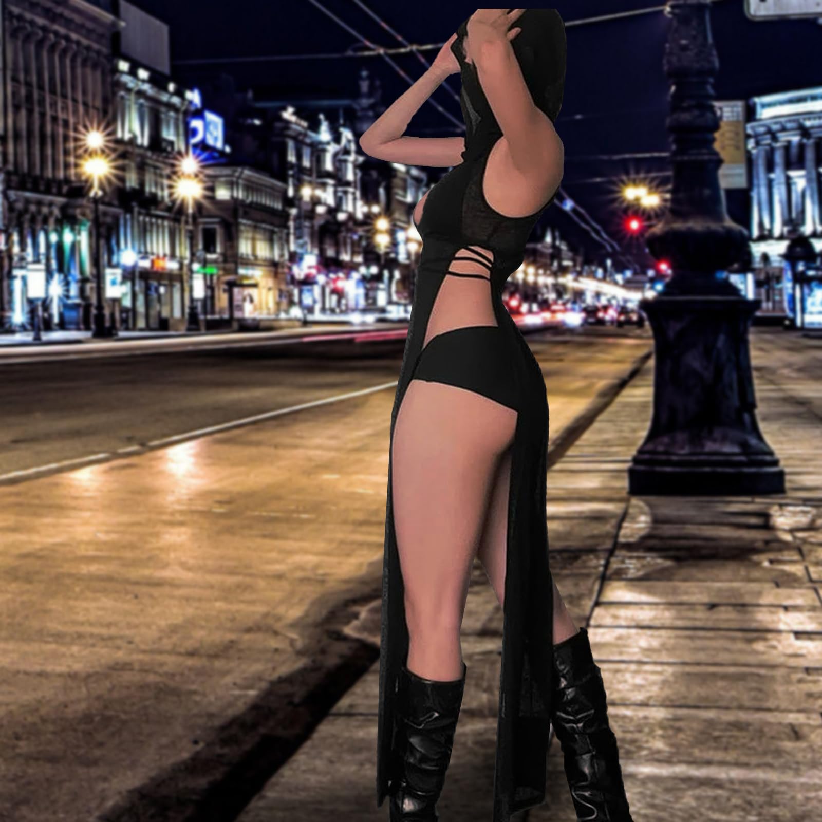 LINNSUJH Gothic Rave Outfits Dresses for Women Festival Long Dresses Sexy Goth Clothes Rave Wear: Black Large